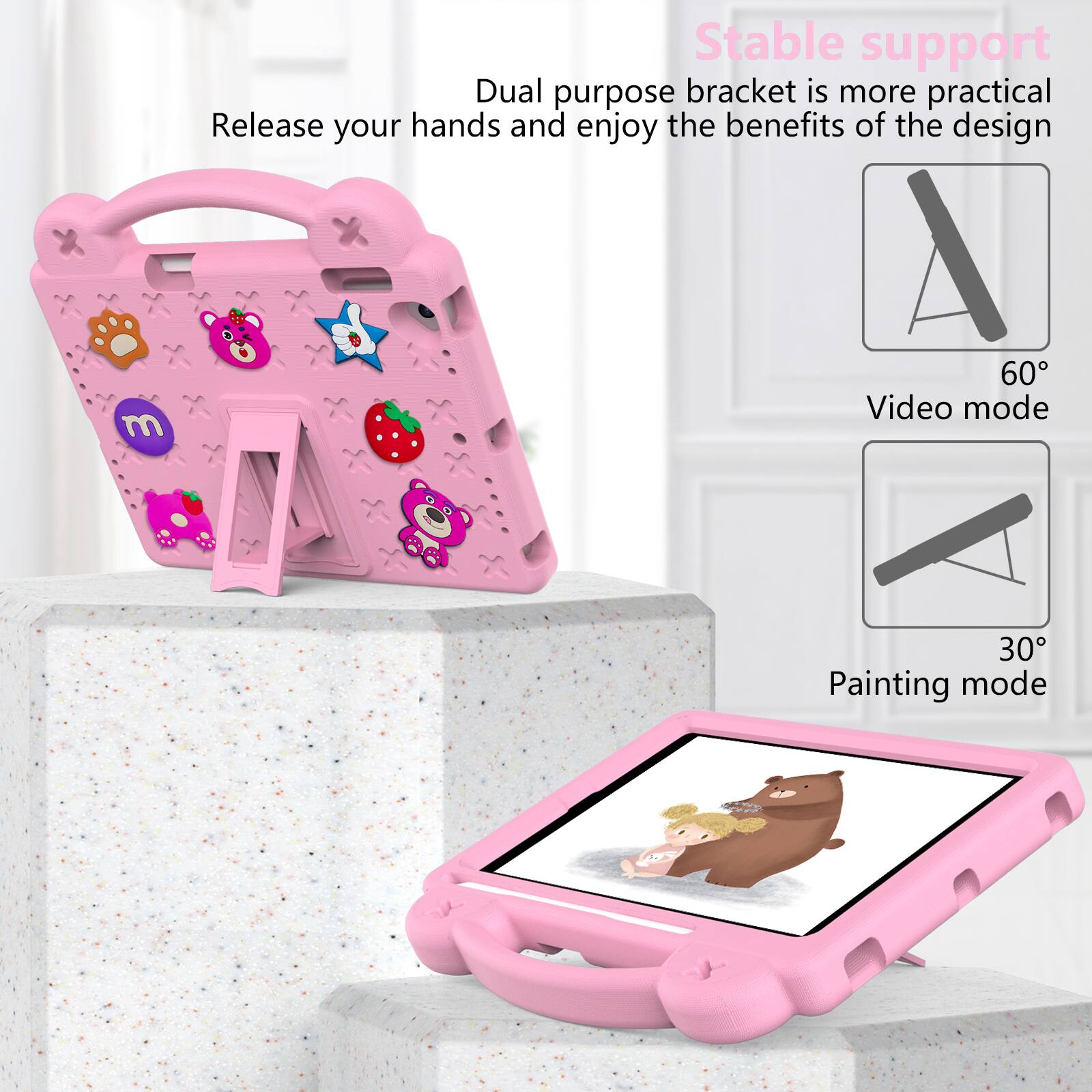 Stable support  
Dual purpose bracket is more practical  
Release your hands and enjoy the benefits of the design  

A 60° Video mode  
30° Painting mode