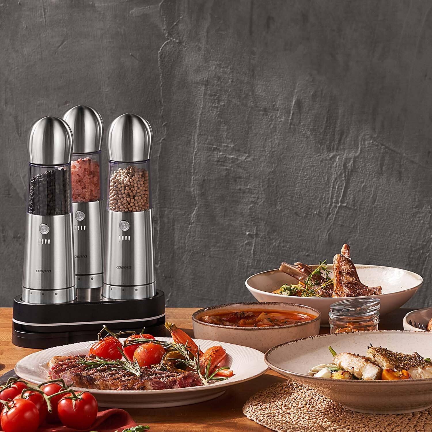 FC Design - Electric Salt and Pepper Grinder, Set of 3 with Wireless Charging Base, Rechargeable - Stainless Steel - Thumbnail 2