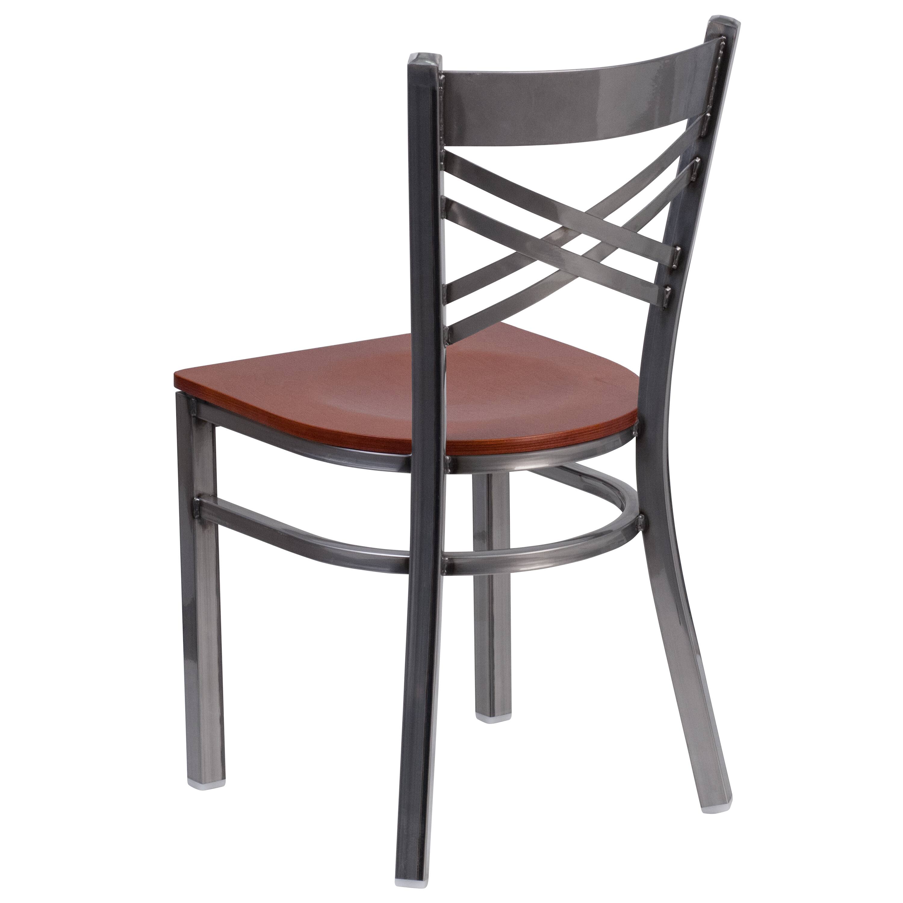 Alt View 3. Emma + Oliver - Clear Coated "X" Back Metal Restaurant Dining Chair - Cherry Wood Seat/Clear Coated Metal Frame.