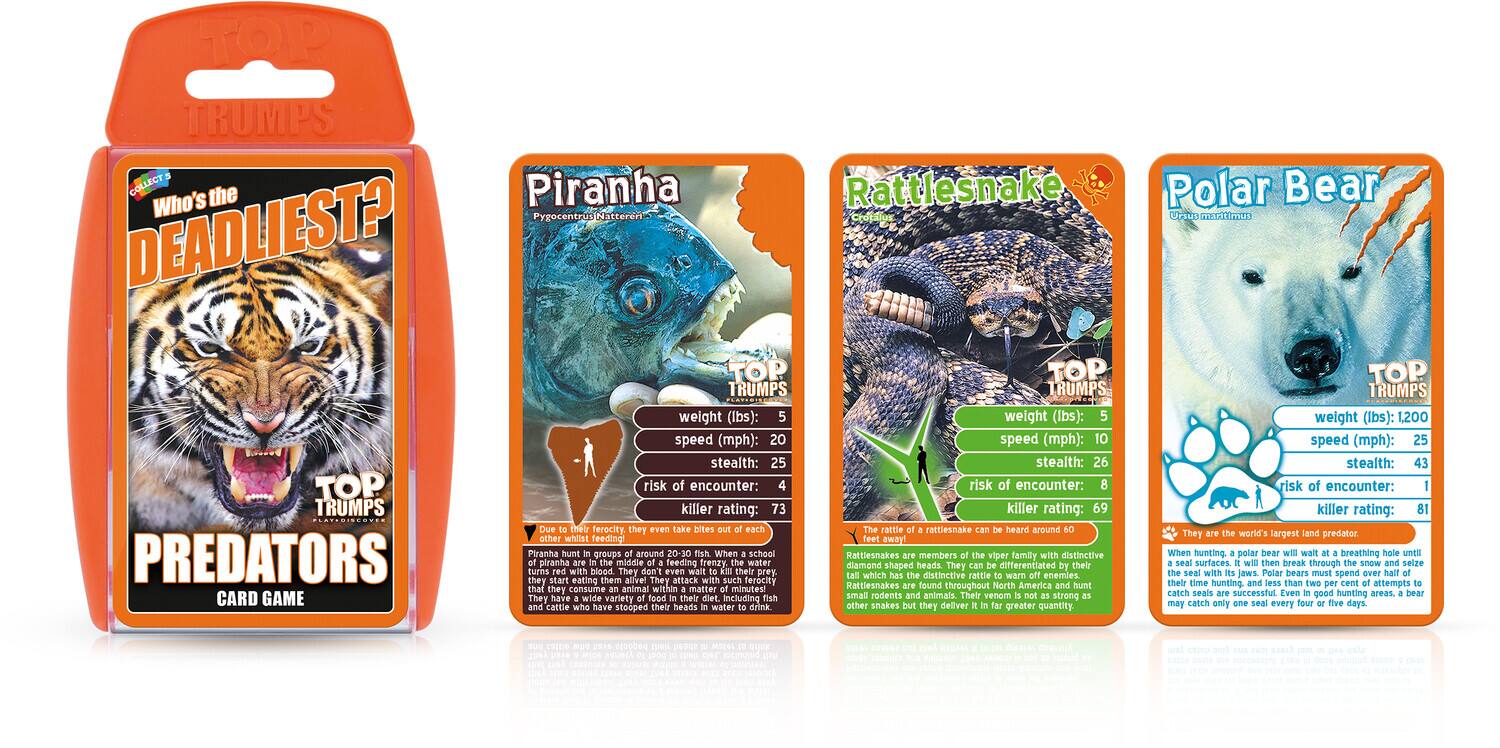 **Who's the Deadliest?**

**TOP TRUMPS PREDATORS CARD GAME**

**Piranha**  
*Pygocentrus carvalhoi*  
- weight (lbs): 20  
- speed (mph): 20  
- stealth: 25  
- risk of encounter: 25  
- killer rating: 73  

**Rattlesnake**  
*Agkistrodon contortrix*  
- weight (lbs): 5  
- speed (mph): 10  
- stealth: 26  
- risk of encounter: 28  
- killer rating: 69  

**Polar Bear**  
*Ursus maritimus*  
- weight (lbs): 1200  
- speed (mph): 25  
- stealth: 43  
- risk of encounter: 1  
- killer rating: 81  

**Piranha**  
They bite each other when feeding away from prey. Piranhas hunt in groups of 20-30. When school members are attacked, they turn on each other. They have wide mouths and sharp teeth. They are found throughout South America. They eat fish,