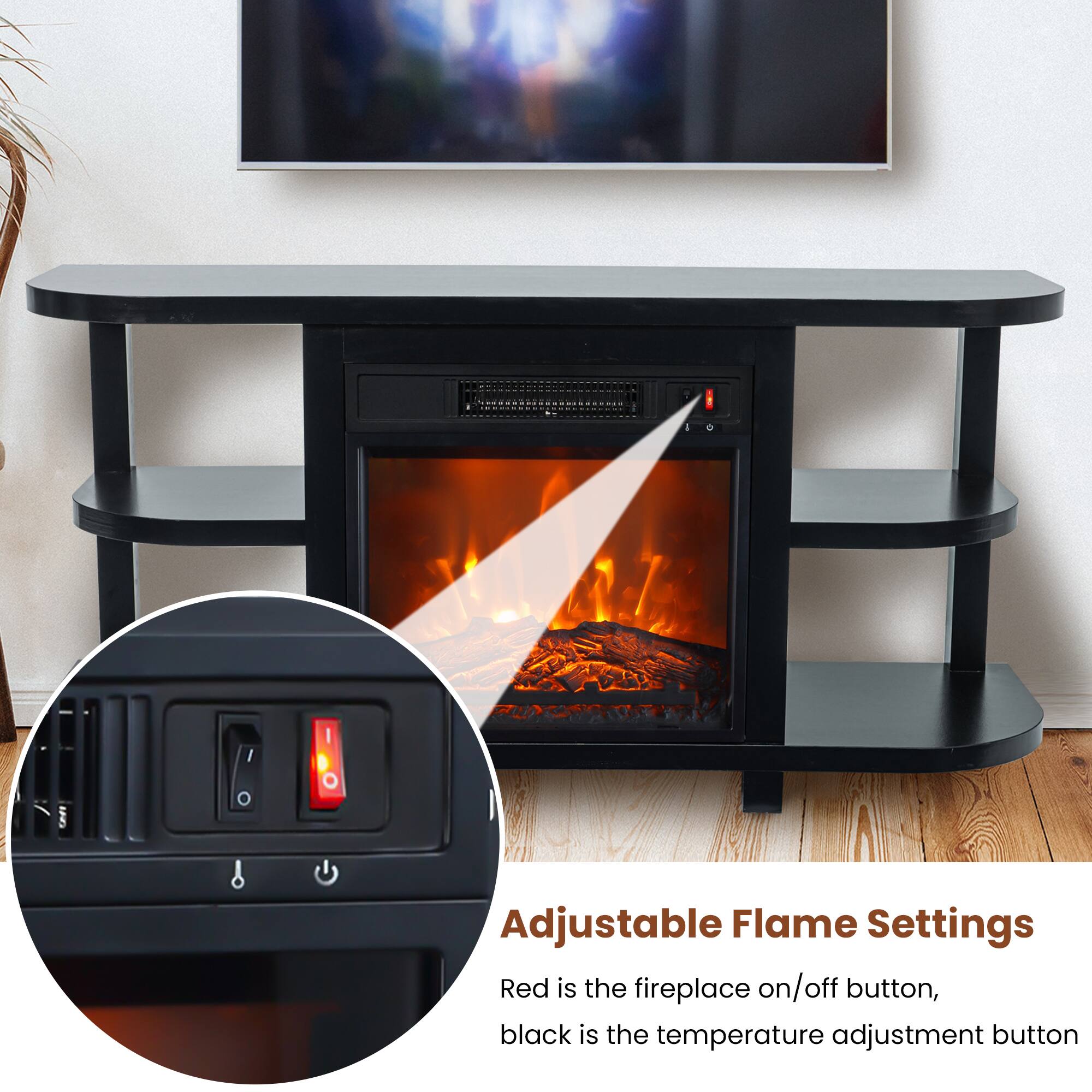 Adjustable Flame Settings

Red is the fireplace on/off button, black is the temperature adjustment button.