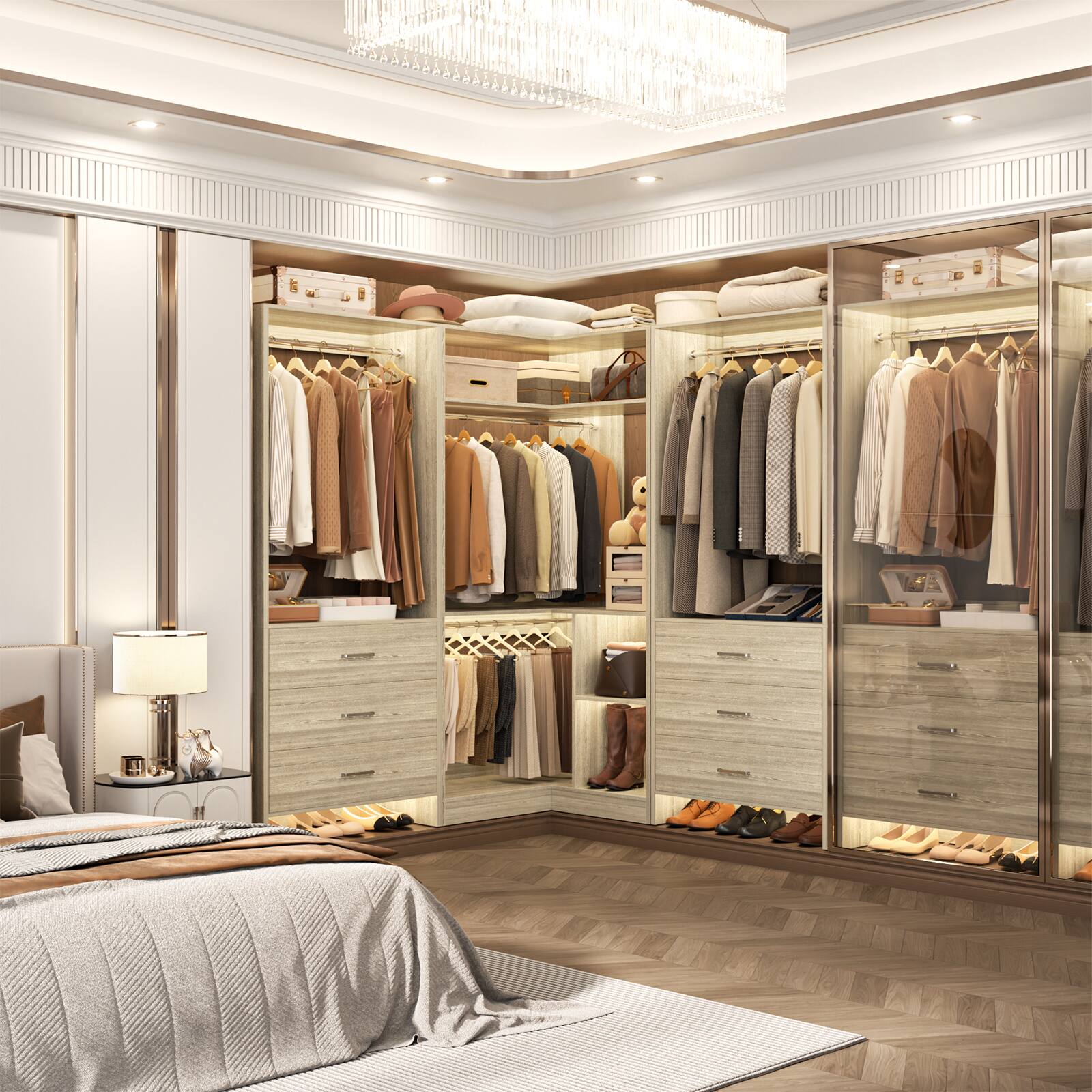 Left. Aheaplus - 55.2'' - 80.9'' W Corner Closet Organizer System with 6 Wooden Drawers and 4 Hanging Rods - Beige Oak.