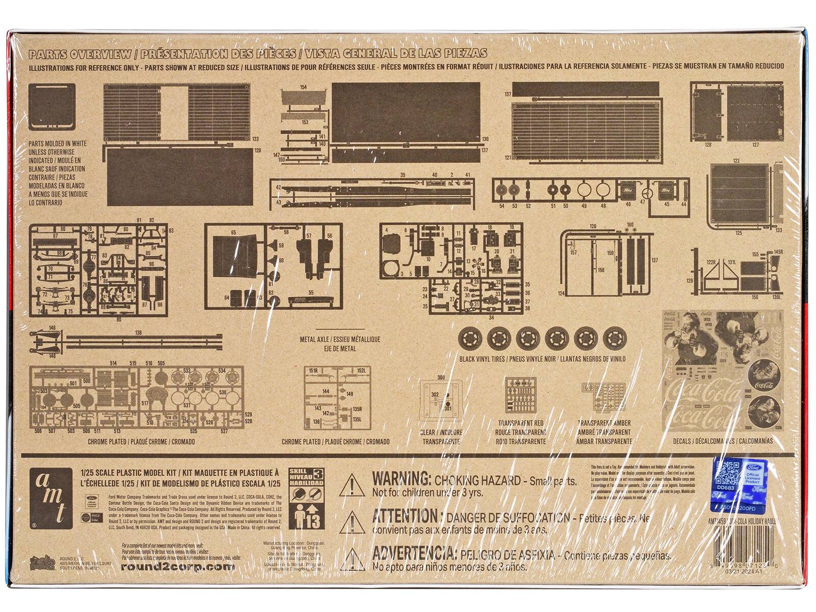 **PARTS OVERVIEW / PRÉSENTATION DES PIÈCES / VISTA GENERAL DE LAS PIEZAS / ILLUSTRATIONS FOR REFERENCE ONLY - PARTS SHOWN AT REDUCED SIZE / ILLUSTRATIONS POUR RÉFÉRENCES SEULE - PIECES MONTREES EN FORMAT RÉDUIT / ILUSTRACIONES PARA REFERENCIA SOLAMENTE - PIEZAS SE MUESTRAN EN TAMAÑO REDUCIDO**

**PARTS MOLDED IN WHITE UNLESS OTHERWISE INDICATED / MOULE EN BLANC SAUF INDICATION CONTRAIRE / PIEZAS MOLDEADAS EN BLANCO MENOS QUE SE INDIQUE LO CONTRARIO**

**METAL AXLE / ESSIEU METALLIQUE / EJE METAL**

**BLACK VINYL TIRES / PNEUS VINYLE NOIR / LLANTAS NEGROS DE VINIL**

**CHROME PLATED / PLAQUE CHROME / CROMADO**

**CLEAR / TRANSPARENTE / ROUGE TRANSPARENTE / AMBRE TRANSPARENTE**

**DECALS / DÉCALCOMANIAS / CALCOMANIAS**

**1/25 SCALE PL