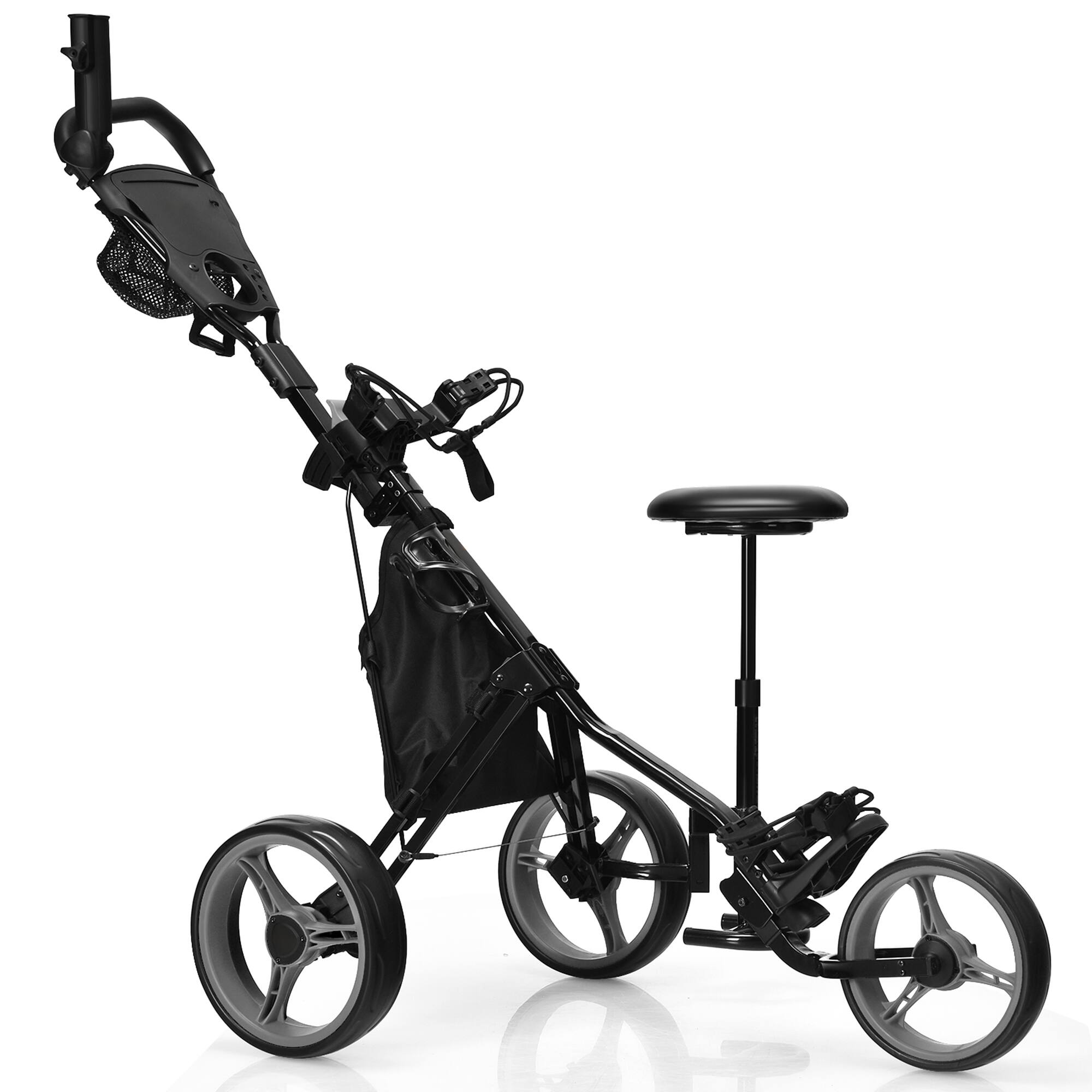 Gymax - 3-Wheel Foldable Golf Push Pull Cart Trolley w/ Seat Adjustable Handle Grey - Gray