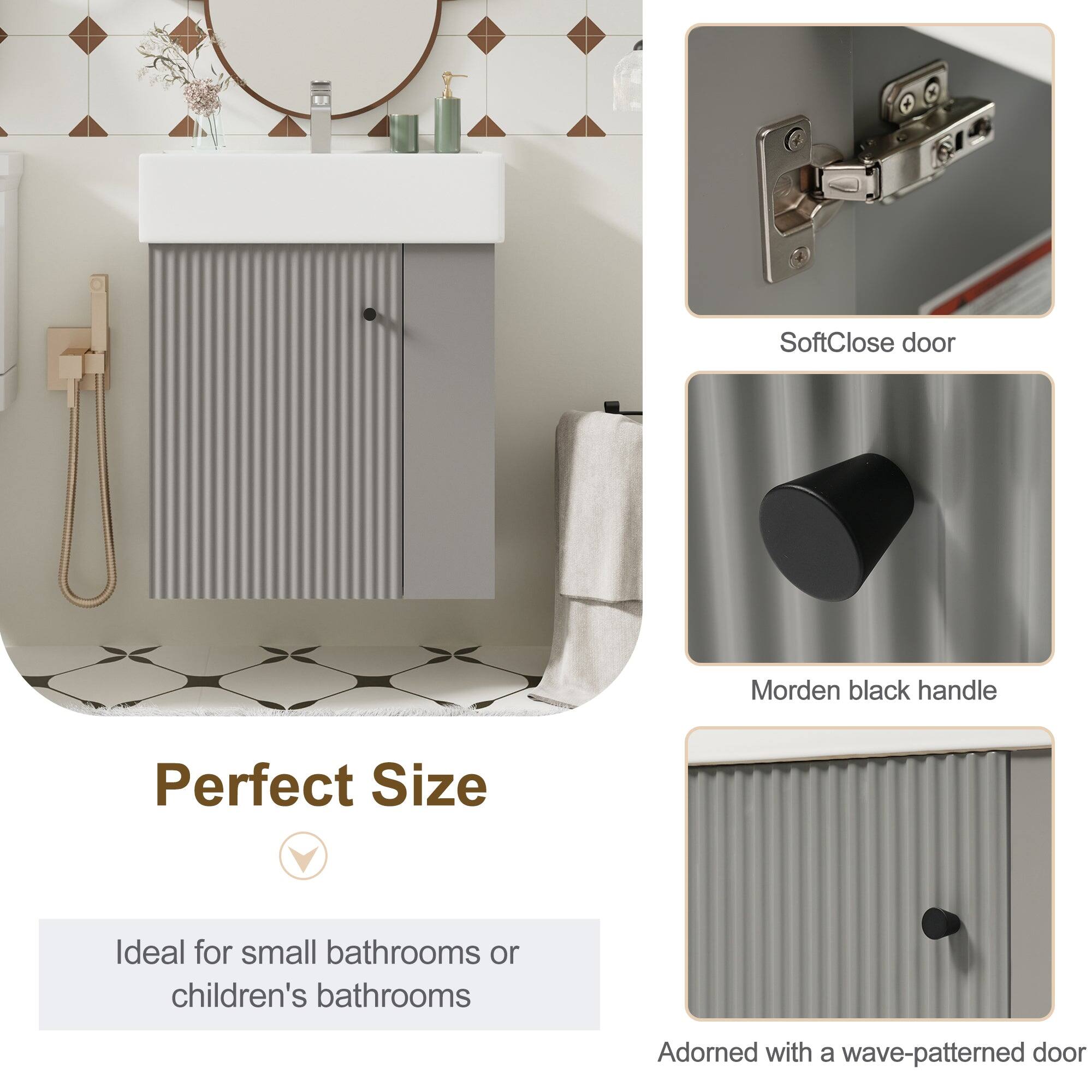 SoftClose door  
Morden black handle  
Perfect Size  
Ideal for small bathrooms or children's bathrooms  
Adorned with a wave-patterned door