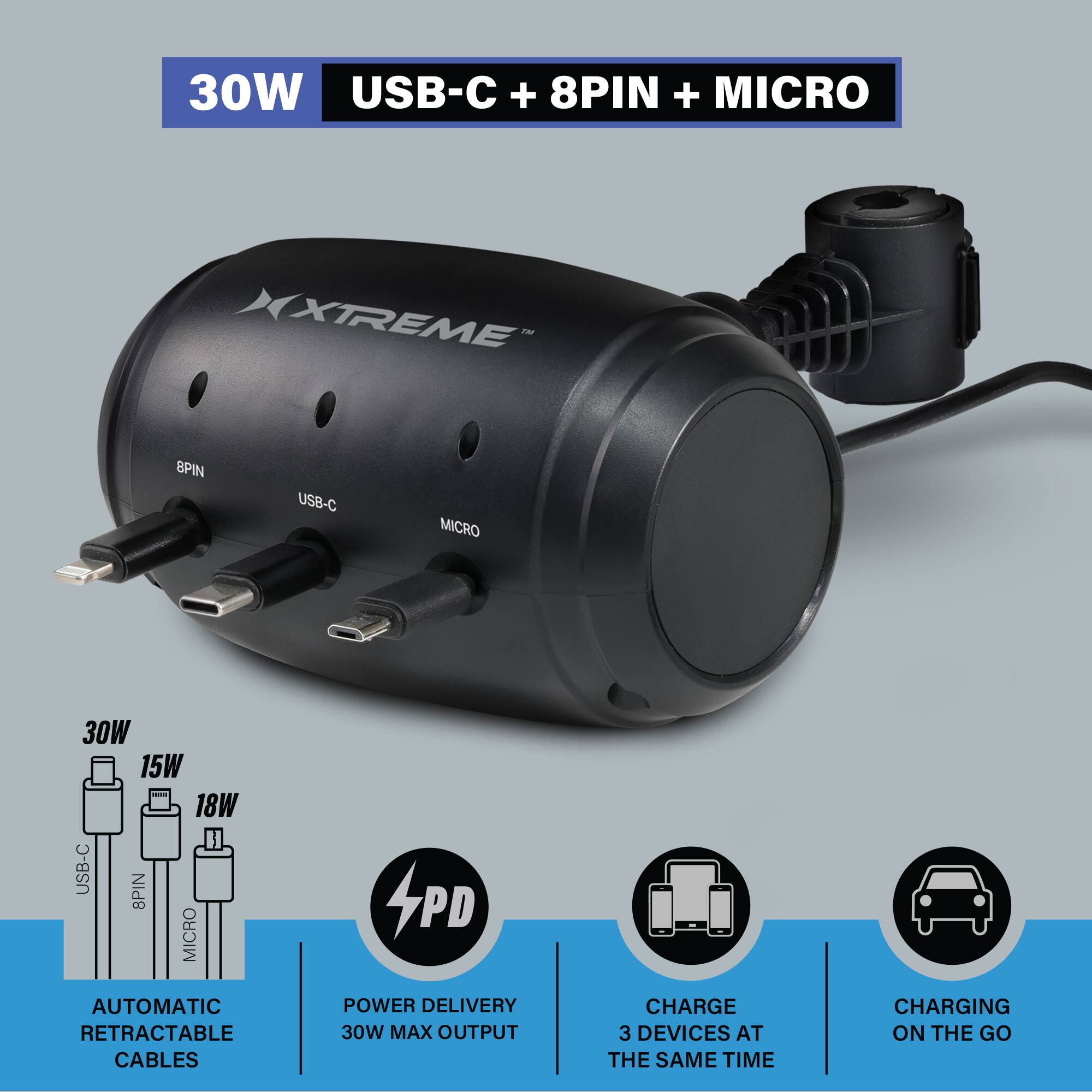 30W USB-C + 8PIN + MICRO

XTREME

8PIN USB-C MICRO

30W 15W 18W USB-C 8PIN MICRO

AUTOMATIC RETRACTABLE CABLES

4PD POWER DELIVERY

30W MAX OUTPUT

CHARGE 3 DEVICES AT THE SAME TIME

CHARGING ON THE GO