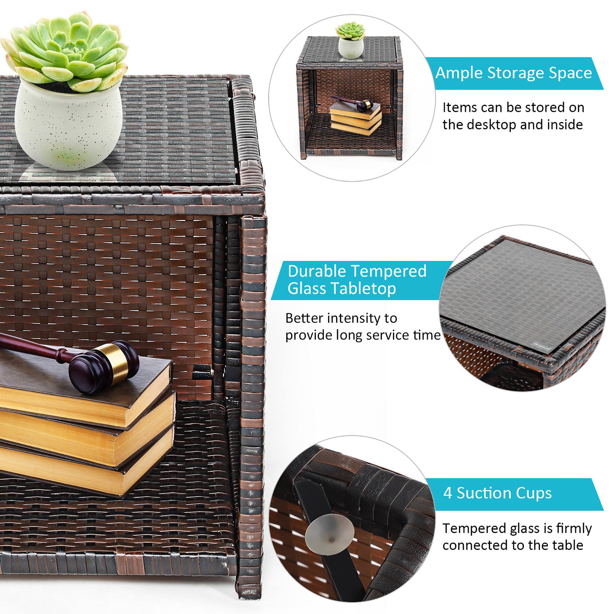 The image features a wicker basket with a glass top, which is described as having ample storage space. The basket is placed on top of a table, and it contains a potted plant and a book. The glass top is described as durable and tempered, providing a better intensity to provide long service time. Additionally, the glass top is firmly connected to the table using four suction cups.
