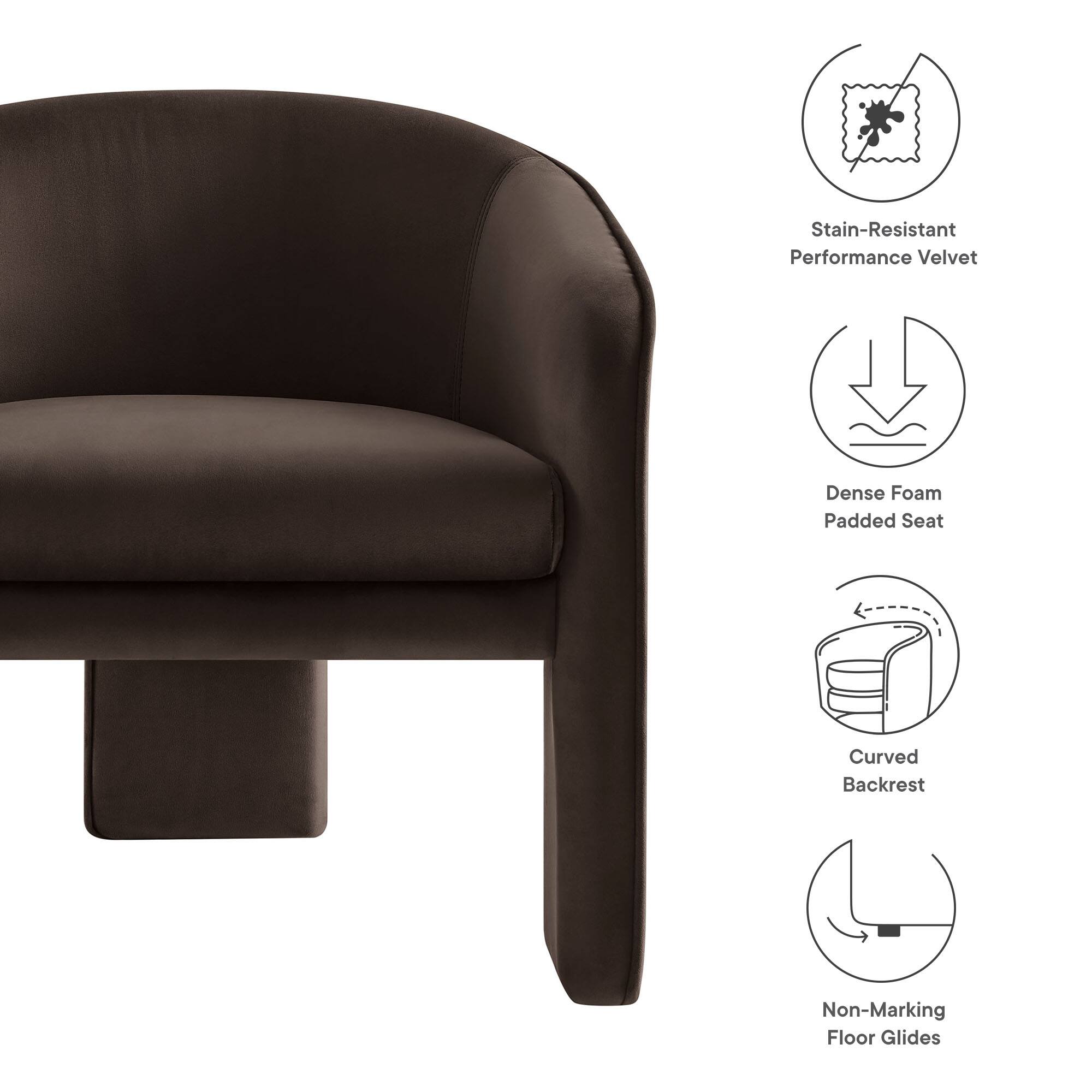 - Stain-Resistant Performance Velvet
- Dense Foam Padded Seat
- Curved Backrest
- Non-Marking Floor Glides