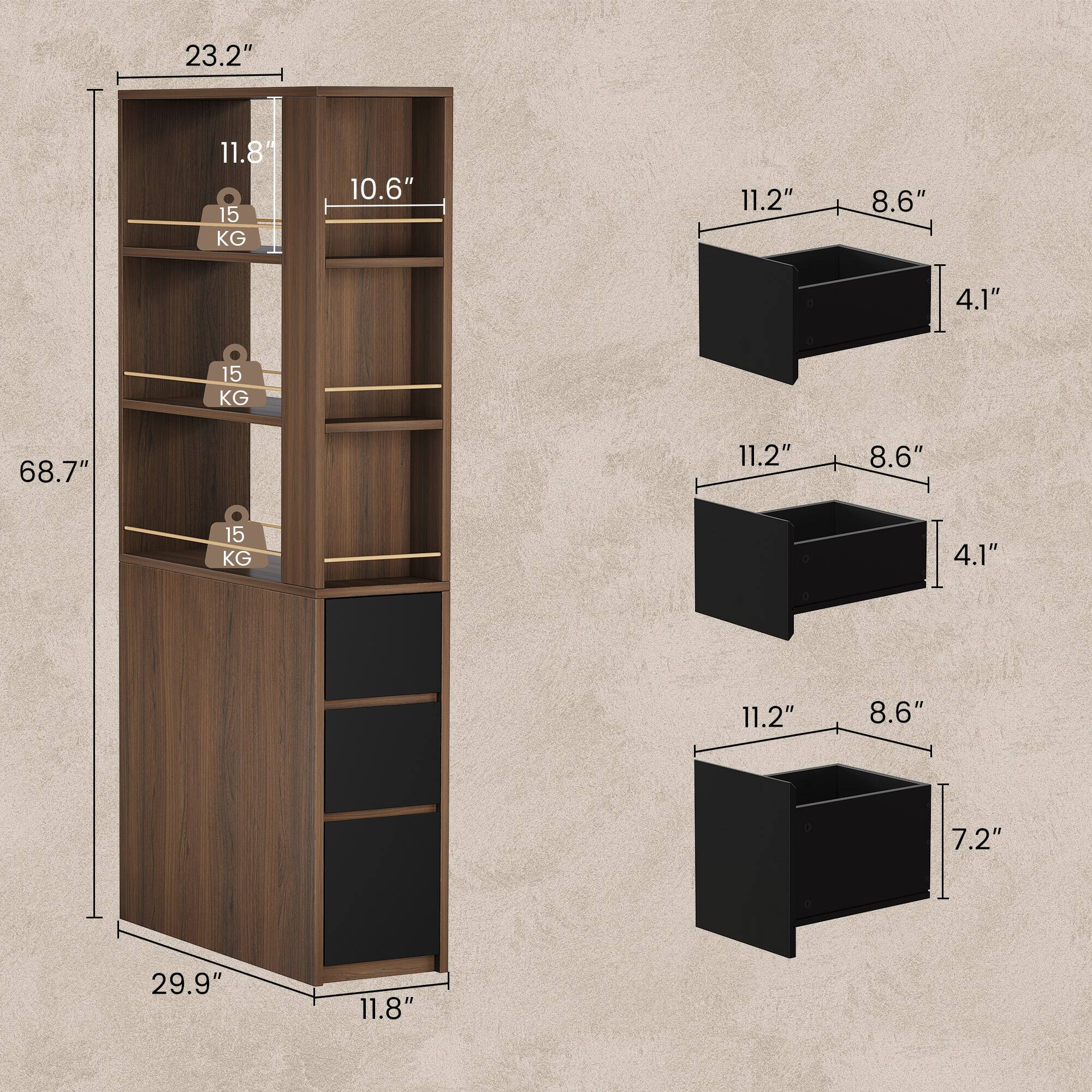 23.2" x 11.8" x 68.7"  
10.6" x 11.2" x 8.6" x 4.1" (15 KG)  
11.2" x 8.6" x 4.1" (15 KG)  
11.2" x 8.6" x 7.2" (15 KG)