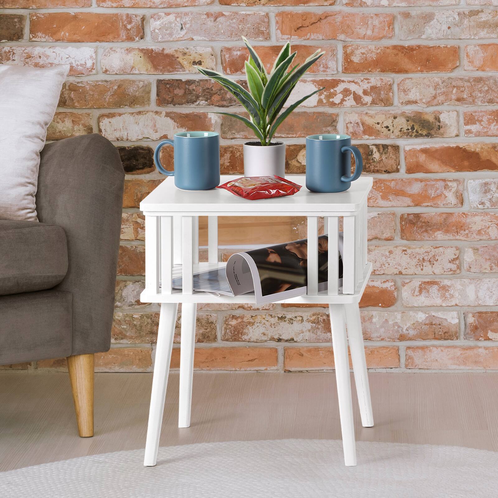 Alt View 1. Oumilen - White Bamboo 2-Tier Nightstand with Slatted Design - White.