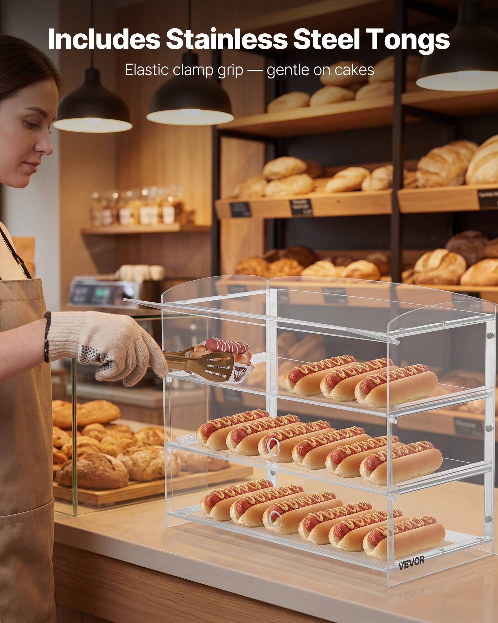 Includes Stainless Steel Tongs  
Elastic clamp grip - gentle on cakes