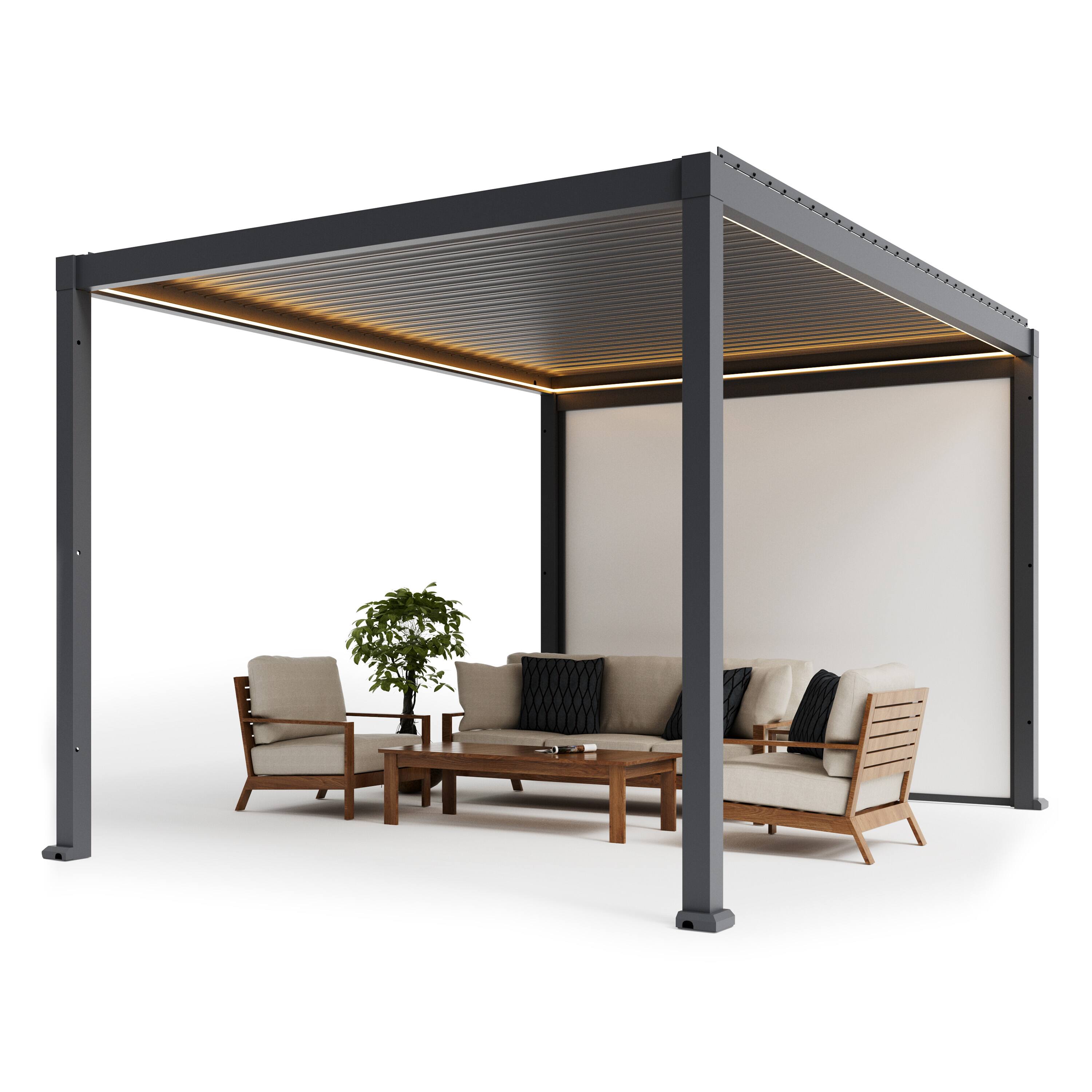 Back. Mondawe - 10x13FT Electric Aluminum Louver Pergola with LED Lights and Motorized Outdoor Projector Screen - Gray.