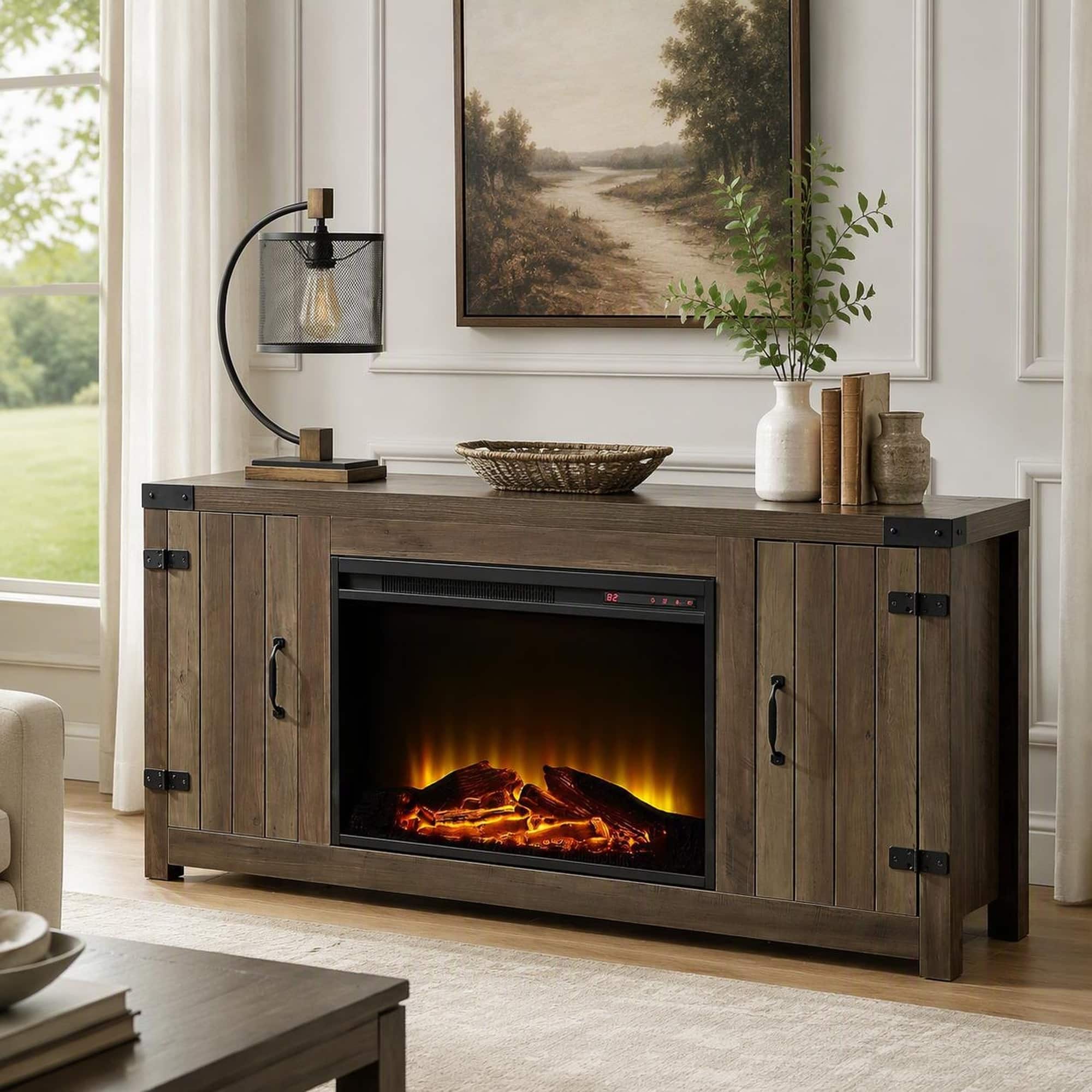 RYHNUYNE - Tobias Rustic Oak TV Stand with Electric Fireplace and Two-Door Storage, 15mm Top, 100lb Capacity for Living Room - White