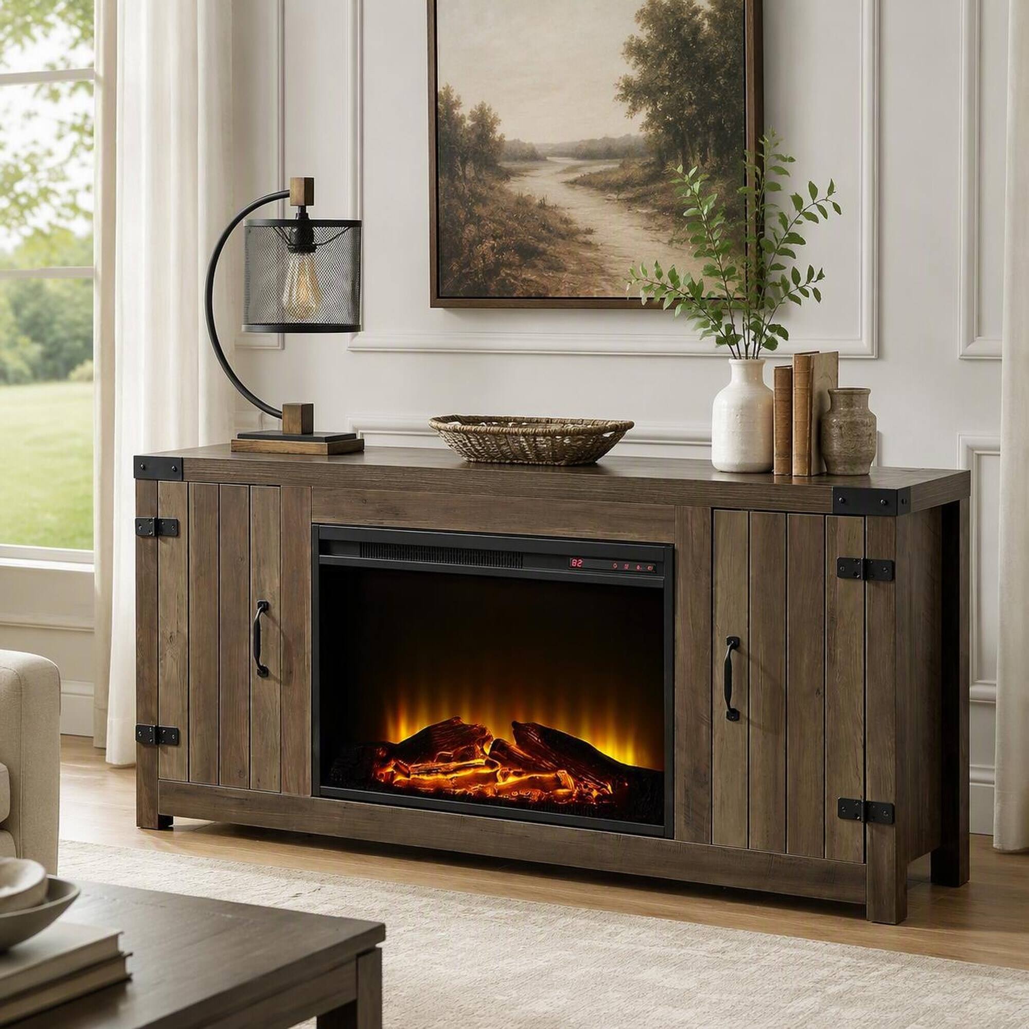 Front. RYHNUYNE - Tobias Rustic Oak TV Stand with Electric Fireplace and Two-Door Storage, 15mm Top, 100lb Capacity for Living Room - White.