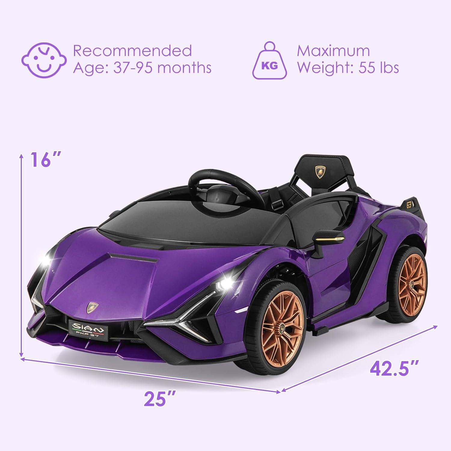 Recommended Age: 37-95 months  
Maximum Weight: 55 lbs  

16"  
25"  
42.5"