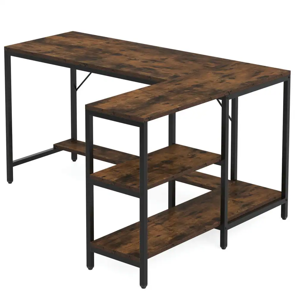 Kadyn - Study Writing Desk, Computer Desk,Reversible L-Shaped Desk, Corner Computer Desk with Storage Shelves - Brown