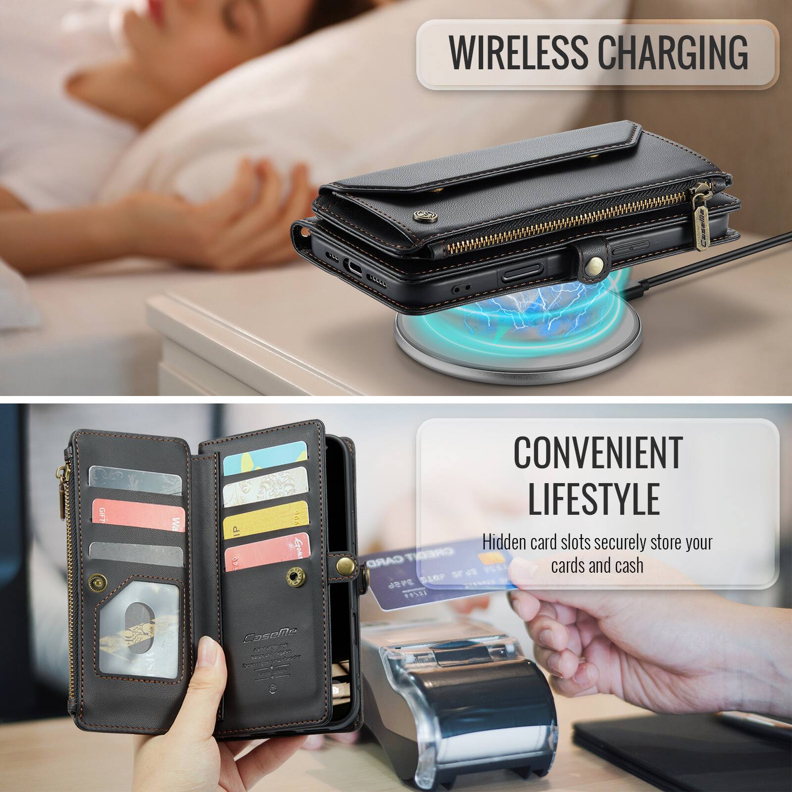 WIRELESS CHARGING

GIFT

Wa

P 49

... Gom

CONVENIENT LIFESTYLE

Hidden card slots securely store your CARD CREDIT cards and cash

510P 5678 3456 3799821 12/99

CaseMe travings Abouted Comporsport.com