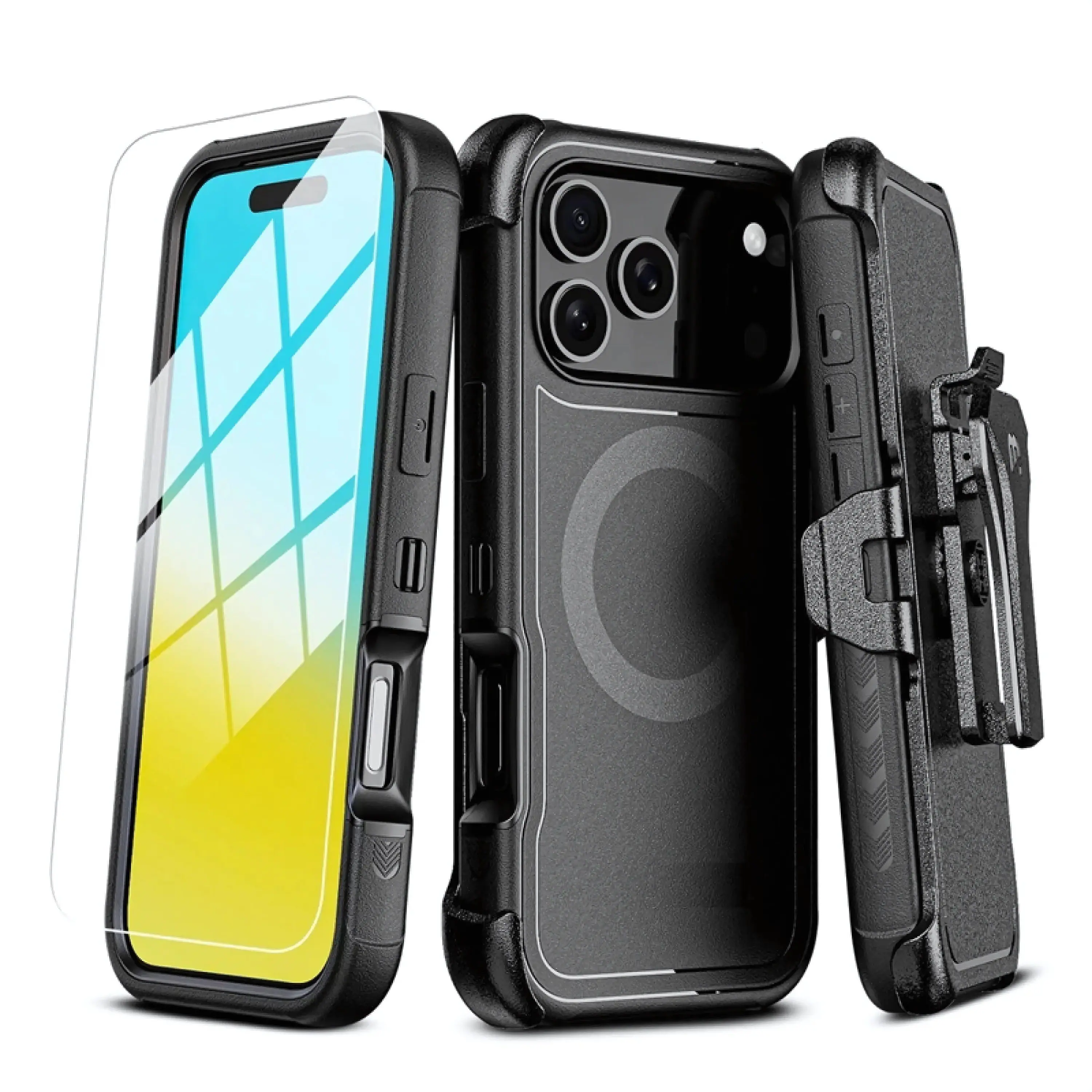 Front. Kitcheniva - All in One Heavy-Duty Case Holster Glass For iPhone 17 Pro Black - Black.