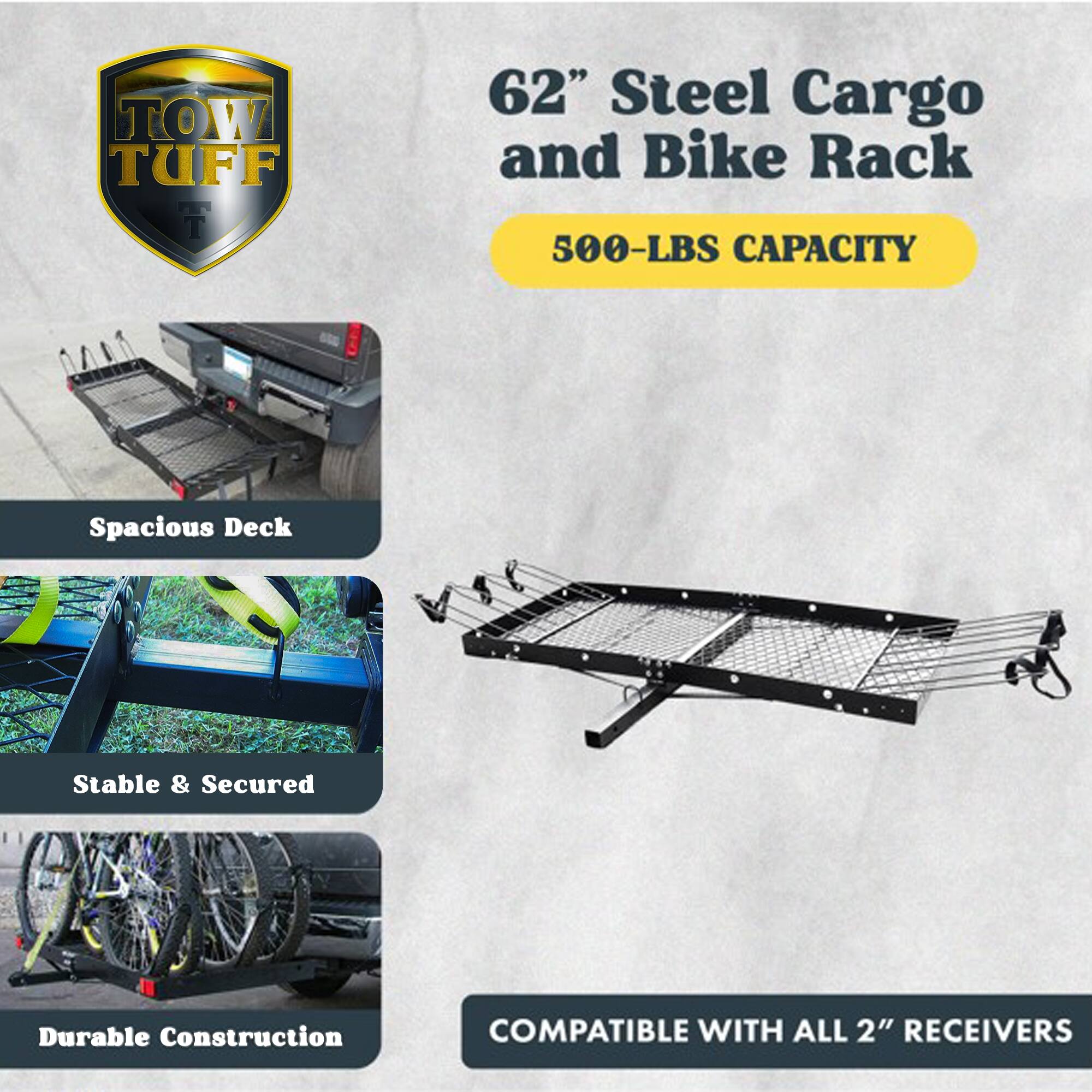 TOW TUFF T 62" Steel Cargo and Bike Rack 500-LBS CAPACITY Spacious Deck Stable & Secured Durable Construction COMPATIBLE WITH ALL 2" RECEIVERS