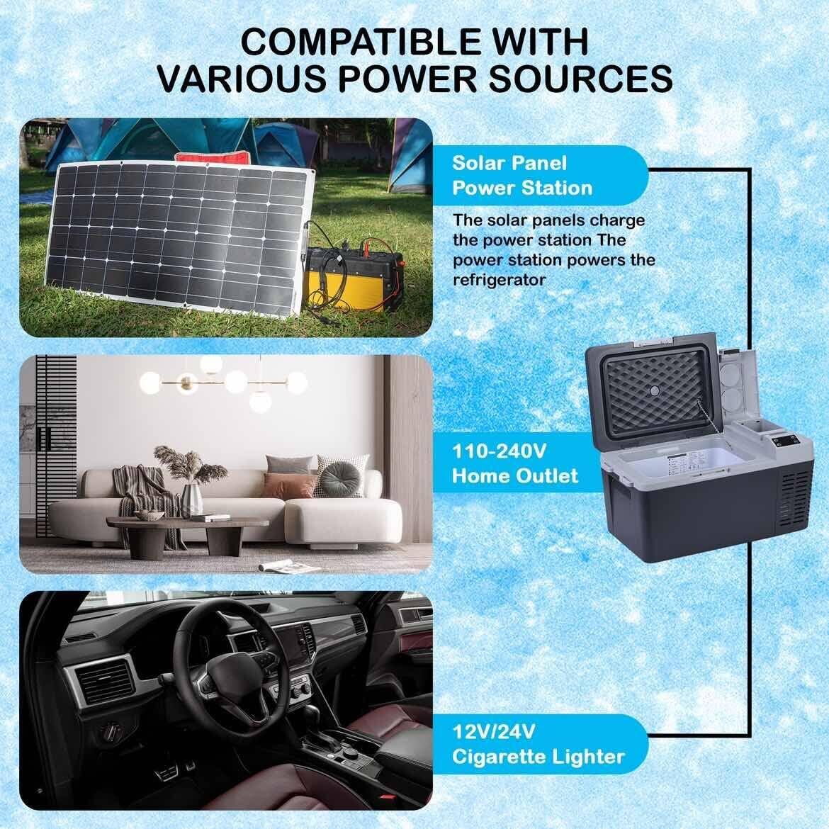 COMPATIBLE WITH VARIOUS POWER SOURCES

- Solar Panel Power Station
  - The solar panels charge the power station. The power station powers the refrigerator.

- 110-240V Home Outlet

- 12V/24V Cigarette Lighter