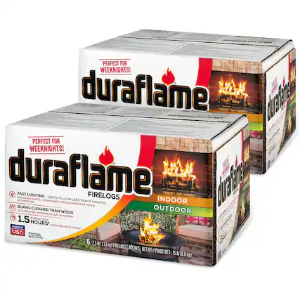 PERFECT FOR WEEKNIGHTS!
duraflame
FAST LIGHTING - LIGHTS FULLY IN LESS THAN 5 MINUTES
BURNS CLEANER THAN WOOD
BURNS OVER 1.5 HOURS
MADE IN USA
1.5 IN/POIDS NET: 15 lb (6.8 kg)
6 - 2.5 lb (1.13 kg) FIRELOGS/BOUCHES