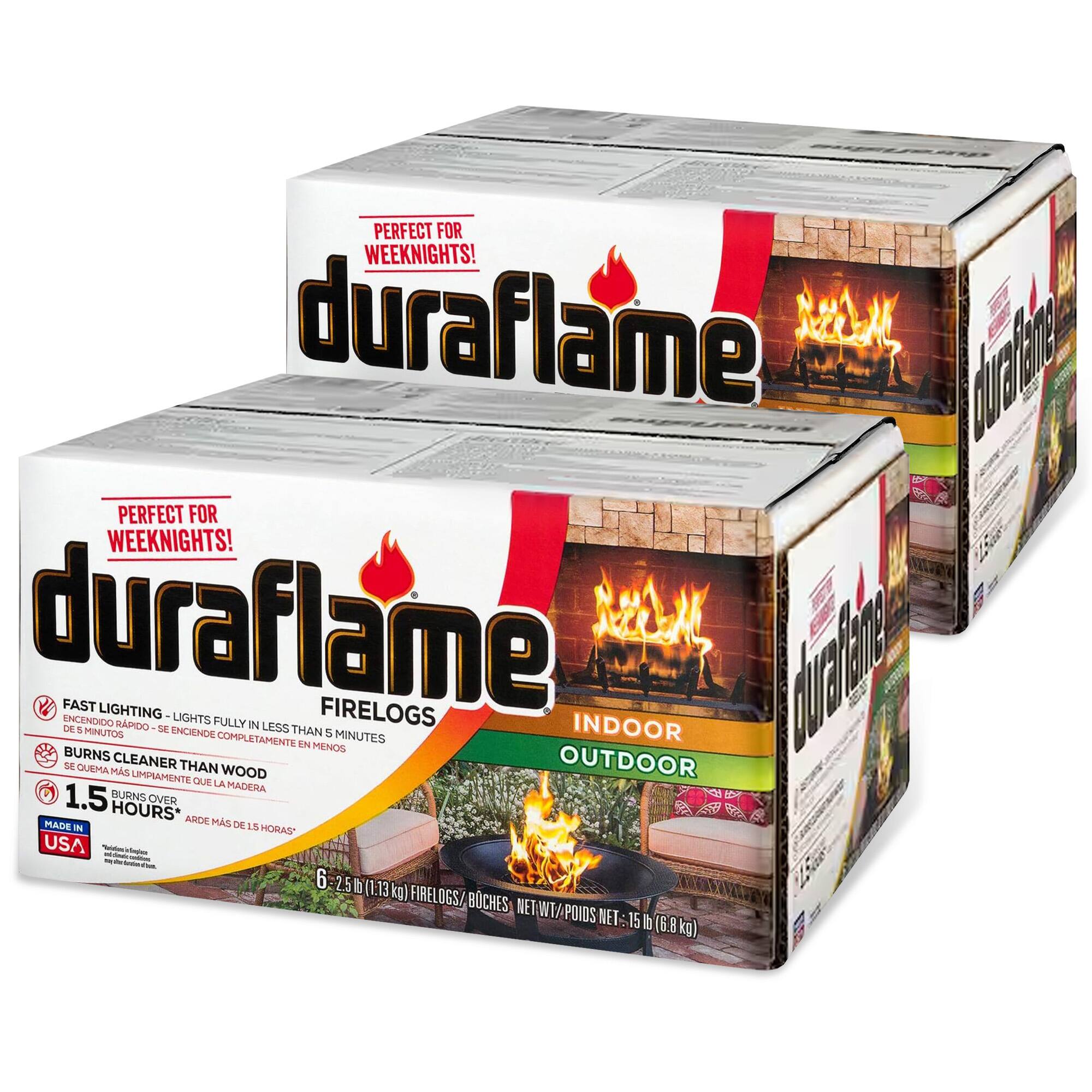 PERFECT FOR WEEKNIGHTS!  
duraflame  
FAST LIGHTING - LIGHTS FULLY IN LESS THAN 5 MINUTES  
BURNS CLEANER THAN WOOD  
BURNS OVER 1.5 HOURS  
MADE IN USA  

1.5 IN/POIDS NET: 15 lb (6.8 kg)  
6 - 2.5 lb (1.13 kg) FIRELOGS/BOUCHES