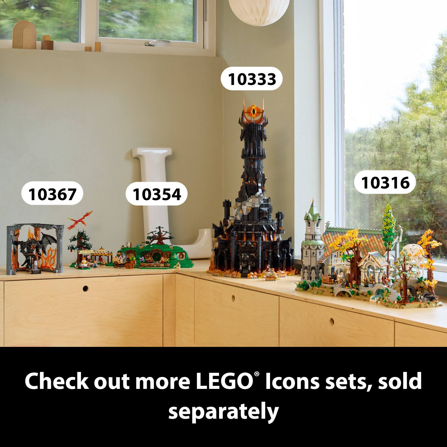 The text in the image is:

"10333 10367 10354 10316 Check out more LEGO Icons sets, sold separately"

The numbers correspond to different LEGO Icons sets.