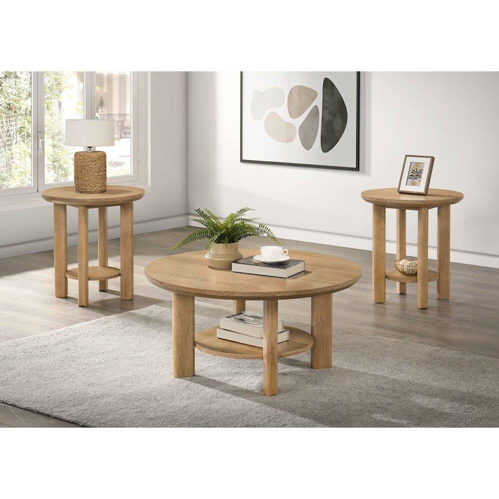 Angle. Coaster Co. of America - Ottowa 3-piece Round Wood Coffee Table Set Light Oak - Light Oak.