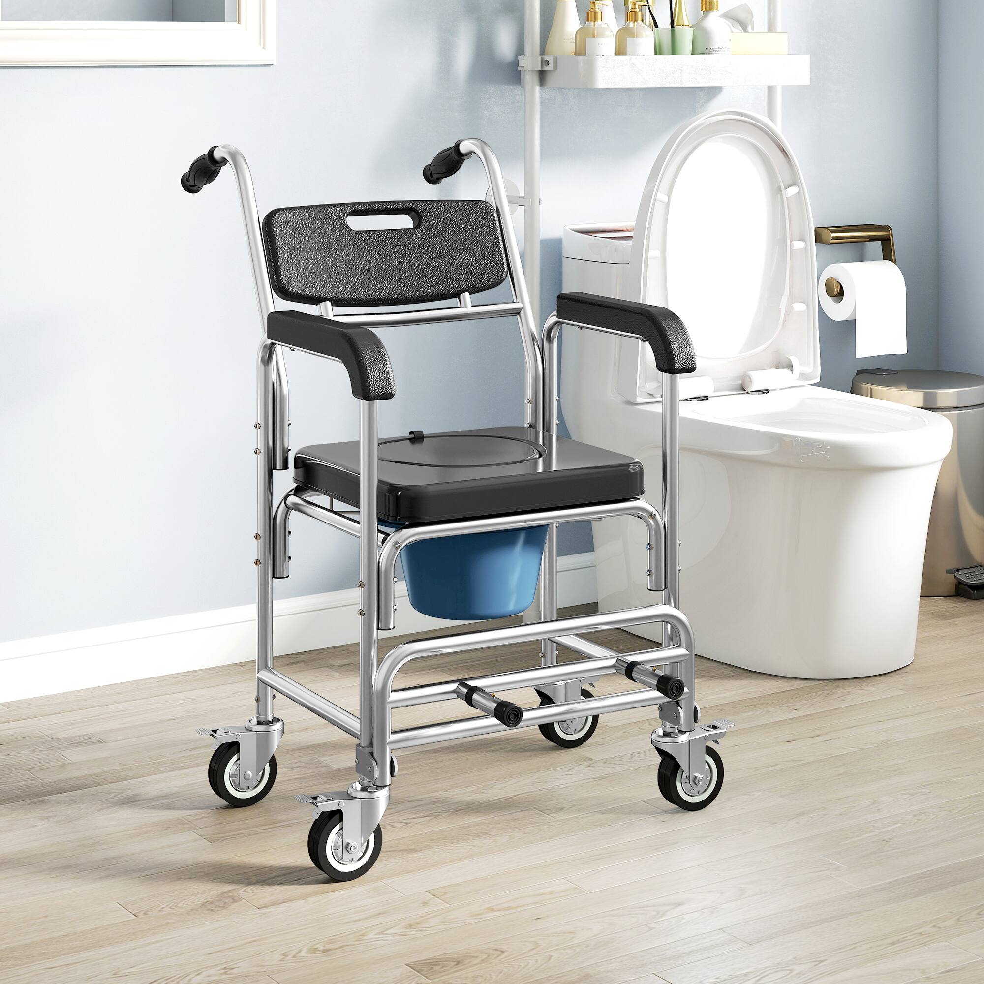 Alt View 7. Homcom - 3-in-1 Shower Commode Wheelchair, FSA/HSA Eligible Transport Beside Commode Chair - Black.