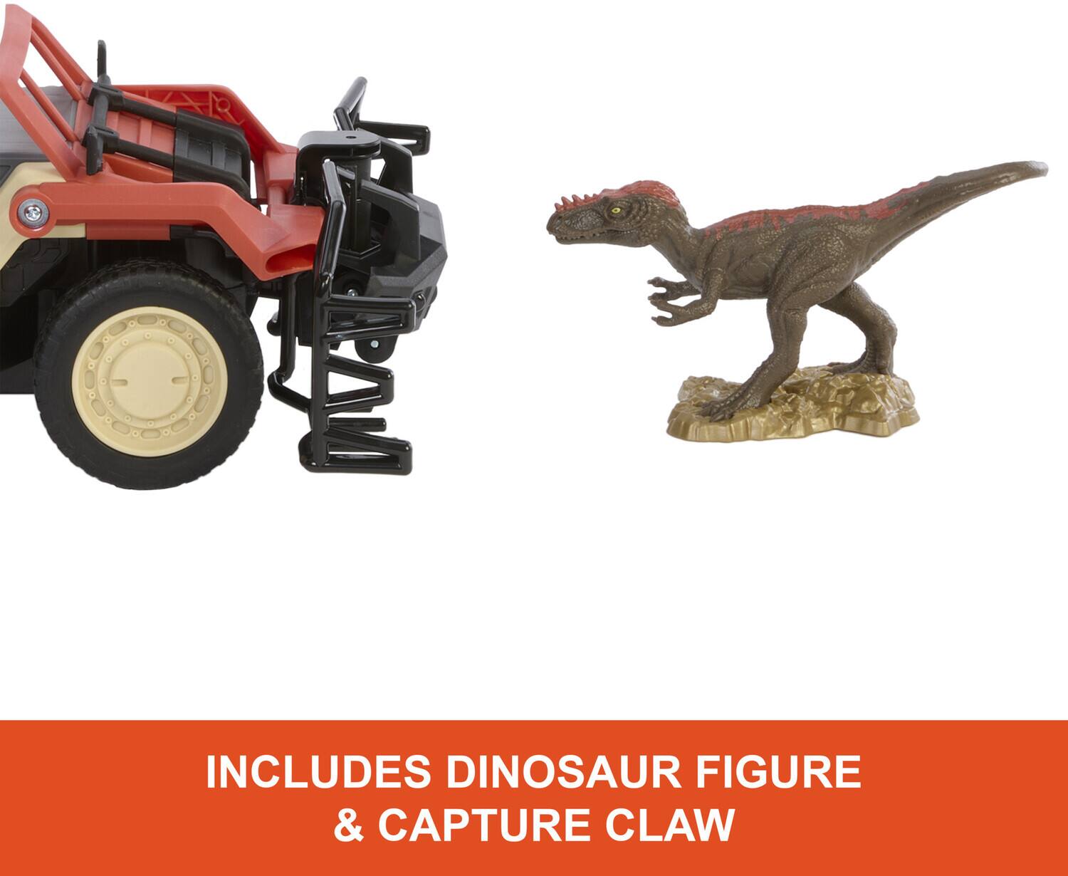 The text on the image is "INCLUDES DINOSAUR FIGURE & CAPTURE CLAW". This text is already correct and does not need any grouping or correction.