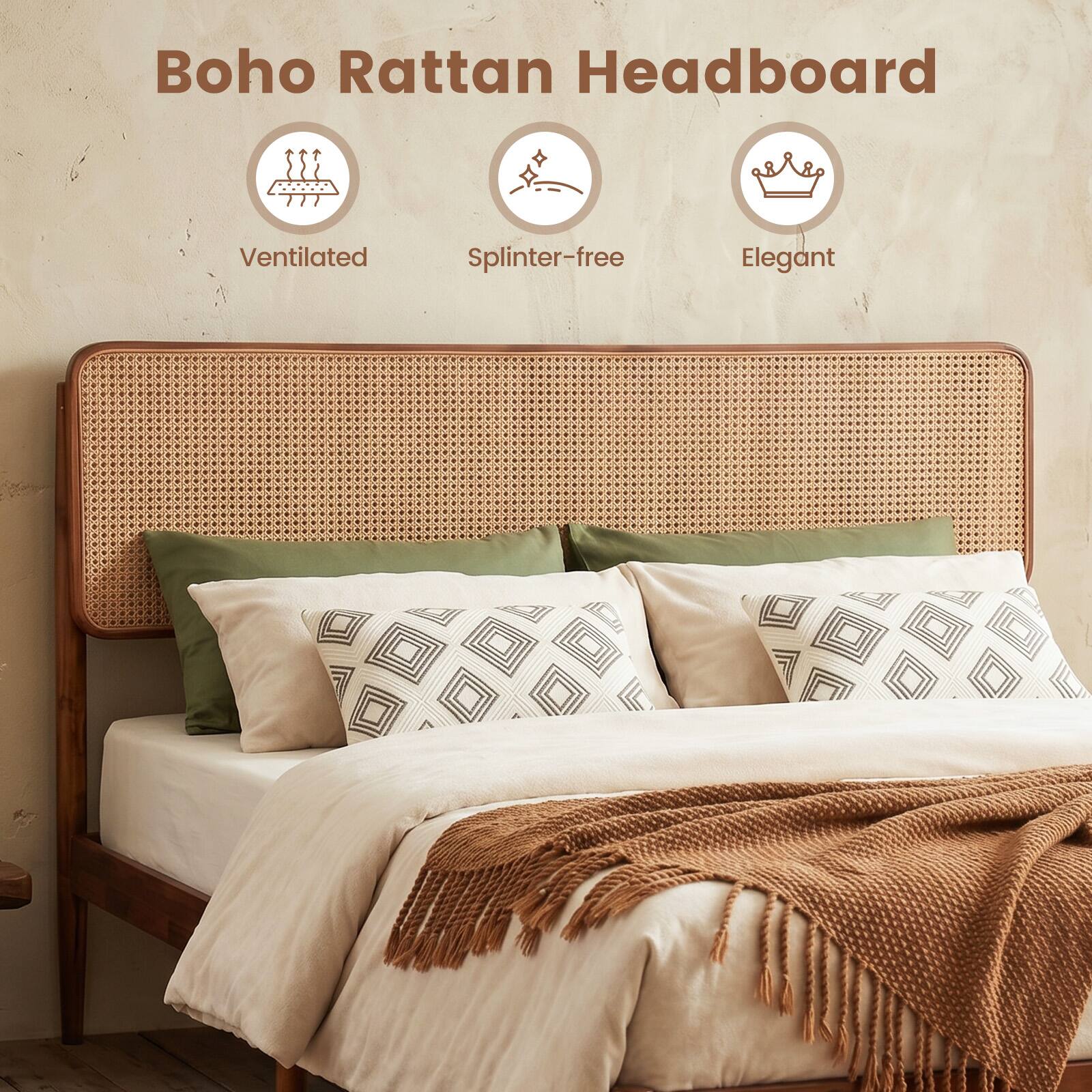 Boho Rattan Headboard  
Ventilated  
Splinter-free  
Elegant