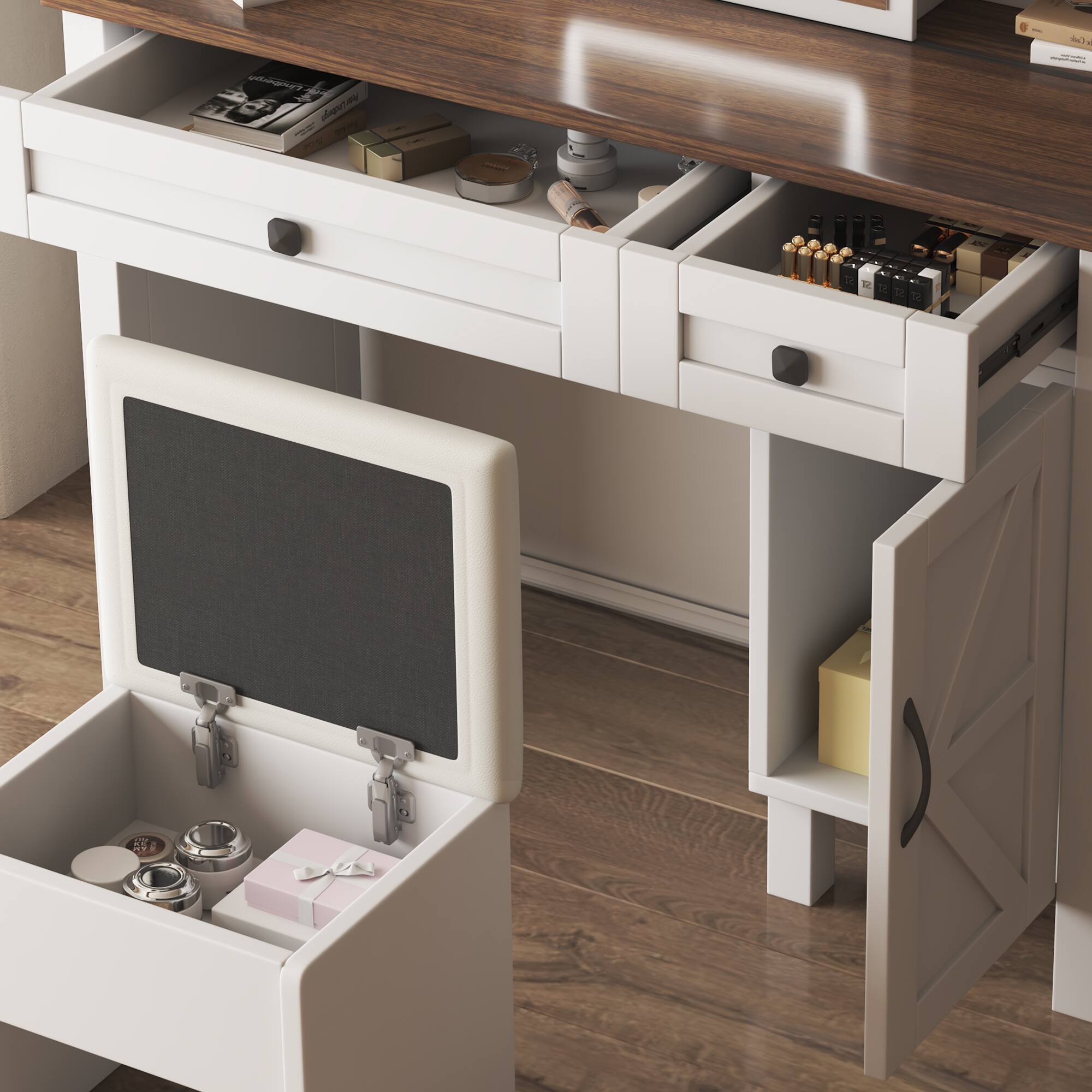 Angle. PexFix - Farmhouse Vanity Desk with Sliding LED Mirror, Charging Station & Storage, Perfect for Bedroom - White.