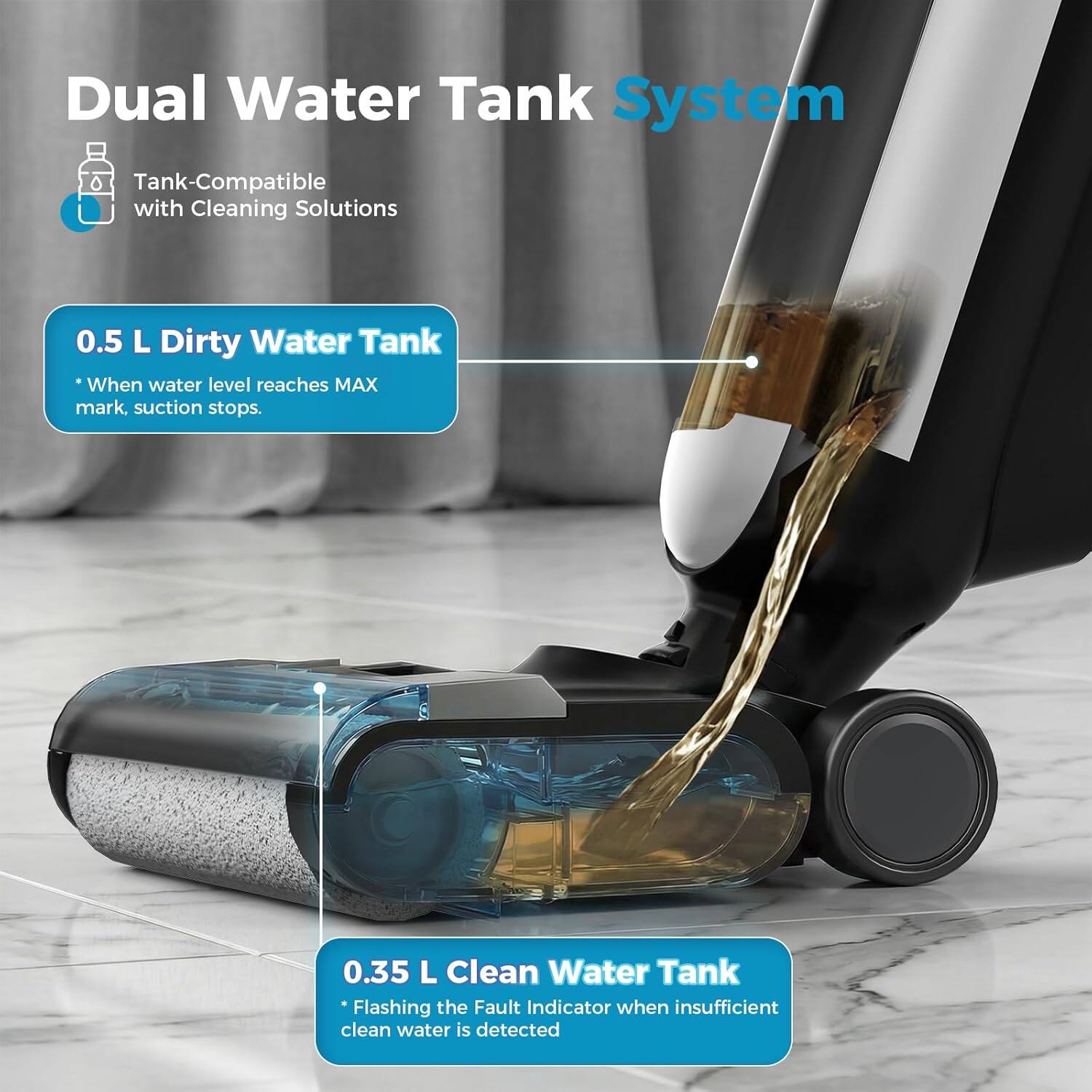 Dual Water Tank System

- Tank-Compatible with Cleaning Solutions

0.5 L Dirty Water Tank
- When water level reaches MAX mark, suction stops.

0.35 L Clean Water Tank
- Flashing the Fault Indicator when insufficient clean water is detected