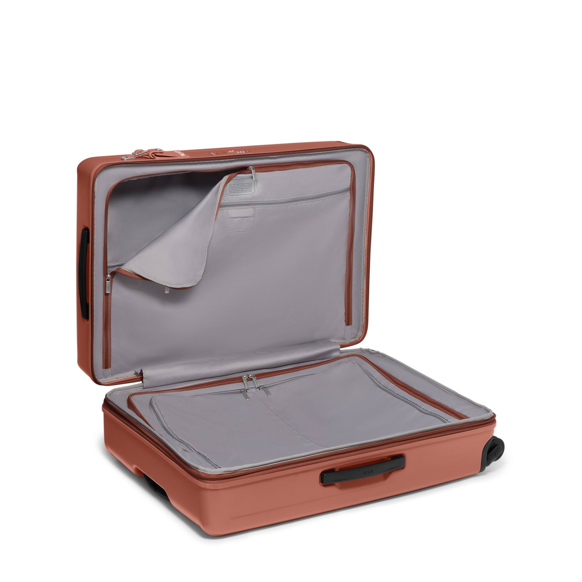 Angle. TUMI - Ventra Large Expandable Checked Spinner Suitcase - Cinnebar Texture.