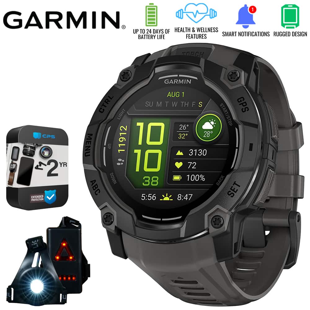 Garmin - Instinct 3 50mm GPS Smartwatch, AMOLED + Wearable Light + 2 Yr Warranty Bundle - Black with Charcoal Band - (2025)