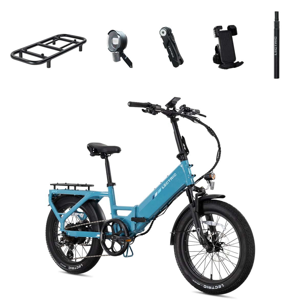 Lectric eBikes - XP4 750 Step-Thru Foldable Long-Range eBike (Max 85mi./28mph) + LevelUp Rack/Phone Mount/Seat Post/Elite Headlight/Lock - Raindrop Blue - Front_Zoom