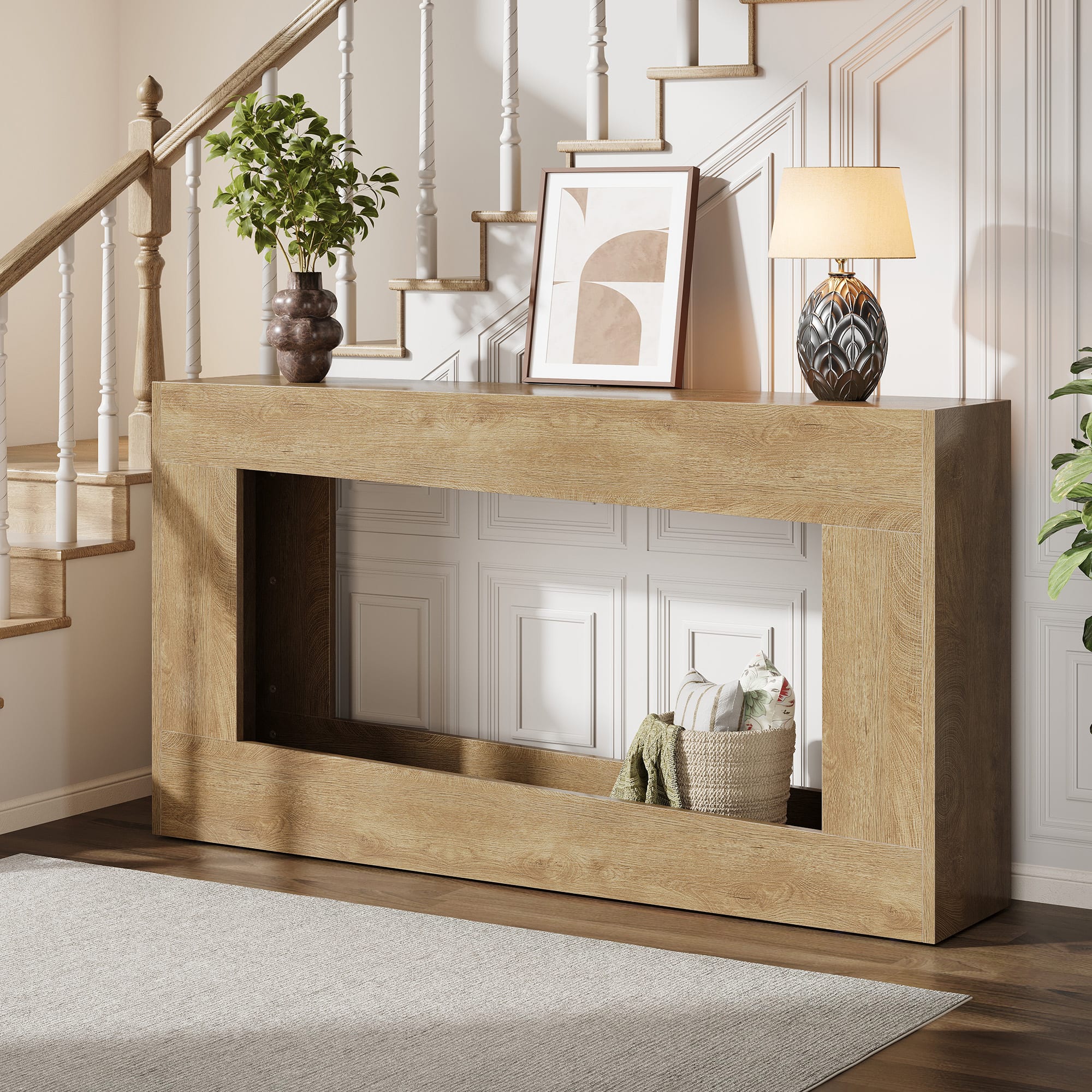 Anysun - 63" Farmhouse Console Table with Storage Shelf - Narrow Entryway or Sofa Table for Living Room & Hallway - Oak