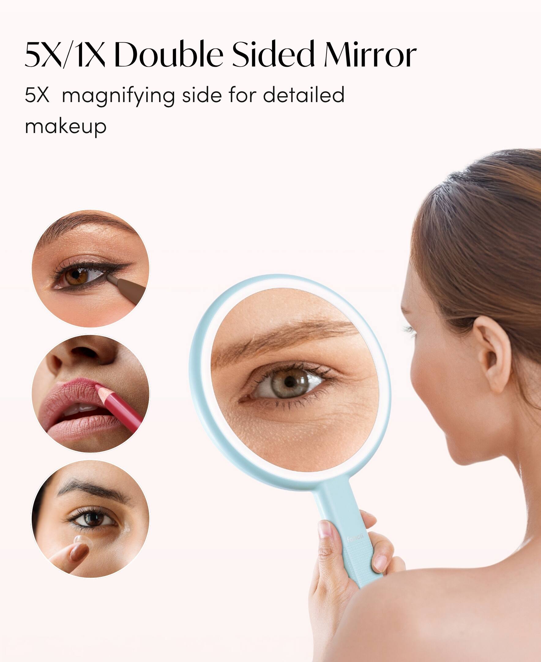 5X/1X Double Sided Mirror  
5X magnifying side for detailed makeup