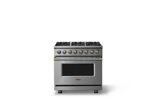 Front. Viking - 36"W. Pro5S 5.6 Cu. Ft. Freestanding Self-Clean Sealed 6 Burner Dual Fuel Convection Range-Stainless Steel/Brushed Brass - Stainless Steel.