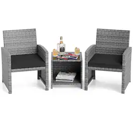 Costway - 3 PCS Patio Furniture Set with Tempered Glass Coffee Table & Soft Seat Cushions - Black