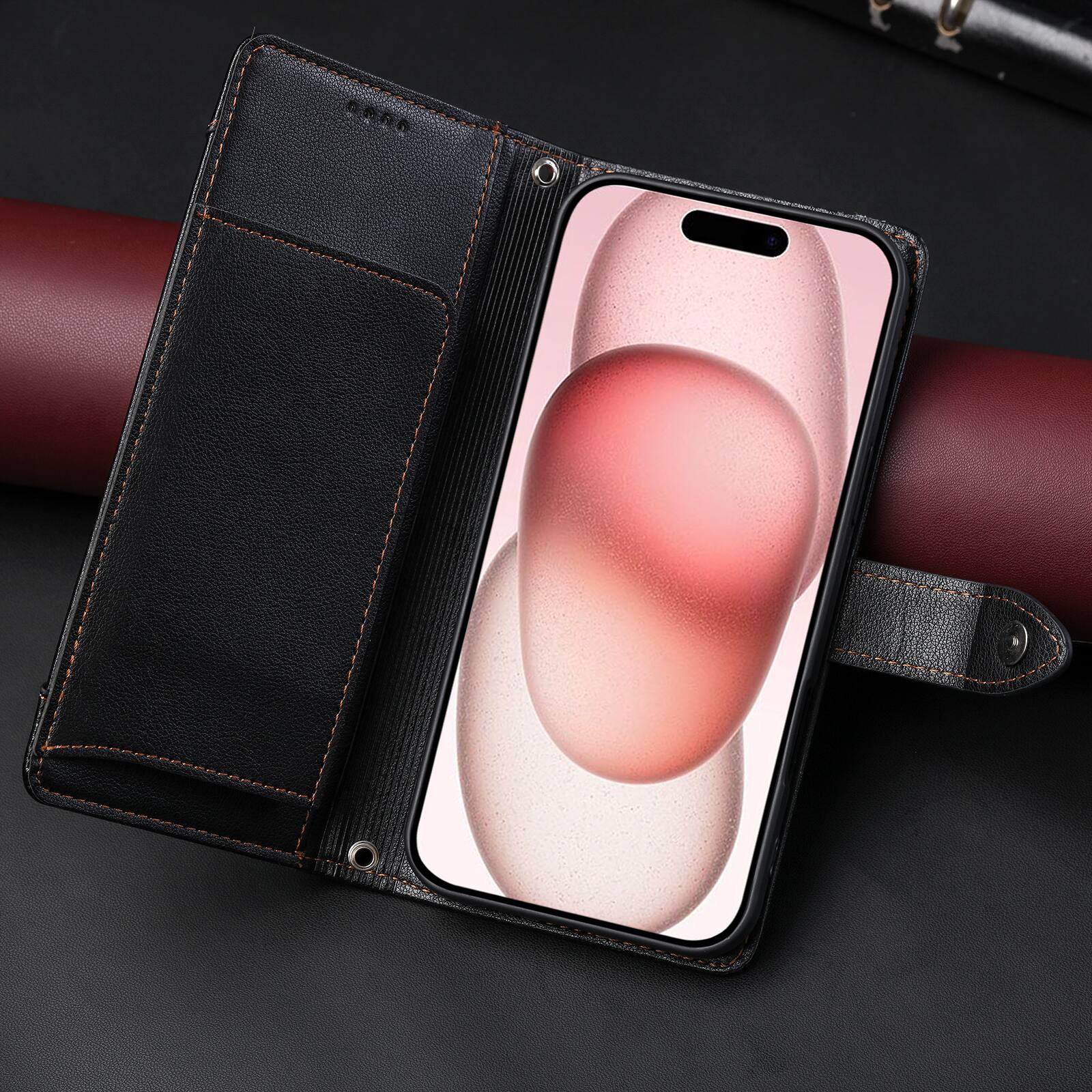 Alt View 4. Dteck - Wallet Case for Apple iPhone 16 Plus Crossbody Premium Leather Kickstand Zipper Card Slot Cover With Strap+Lanyard - Black.
