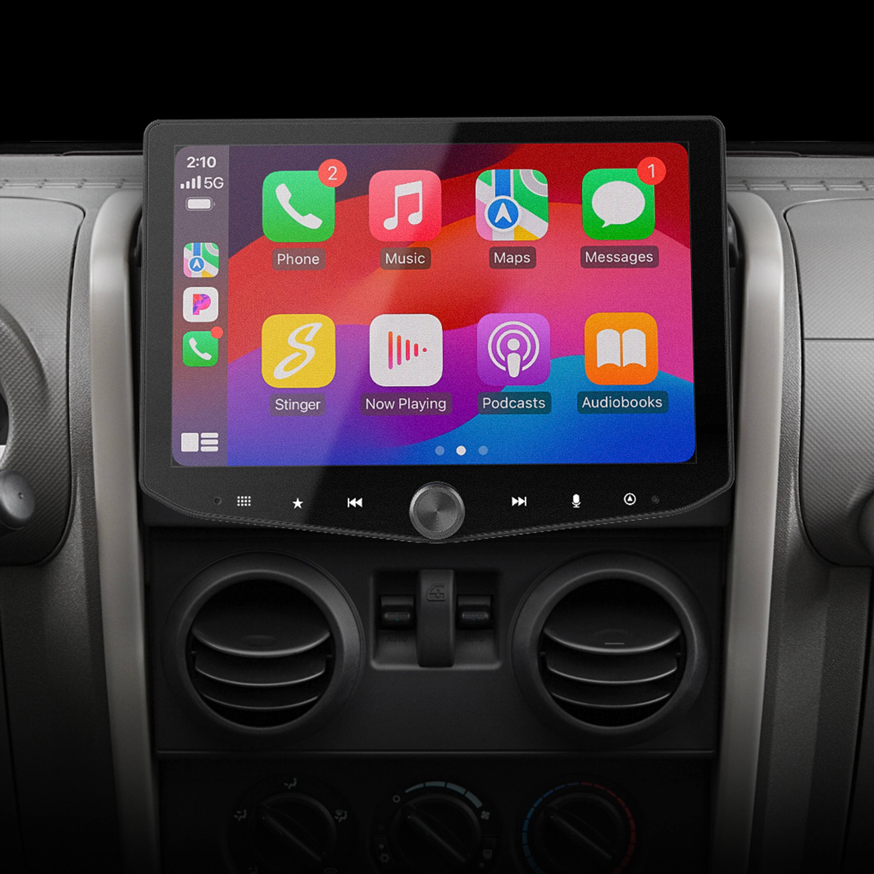 The text on the image reads:

2:10 5G 2 1 Phone Music Maps Messages Stinger Now Playing Podcasts Audiobooks 144 A A A

The text has been grouped and corrected as follows:

2:10 5G 2 1 Phone Music Maps Messages Stinger Now Playing Podcasts Audiobooks 144 A A A