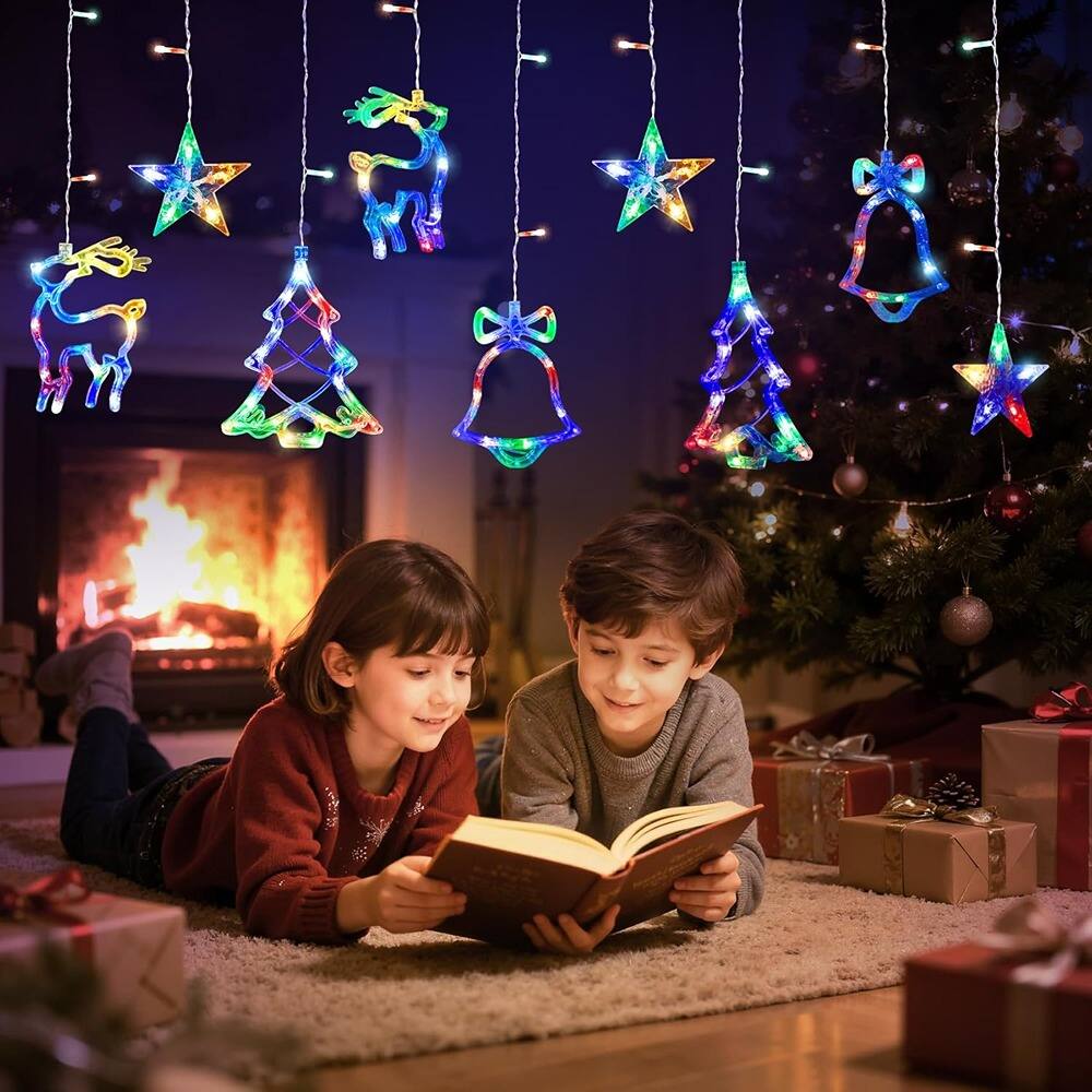 Alt View 3. MOSZAR LLC - 120-LED Colorful Christmas Curtain Lights 9.84ft Tree, Bell & Star.