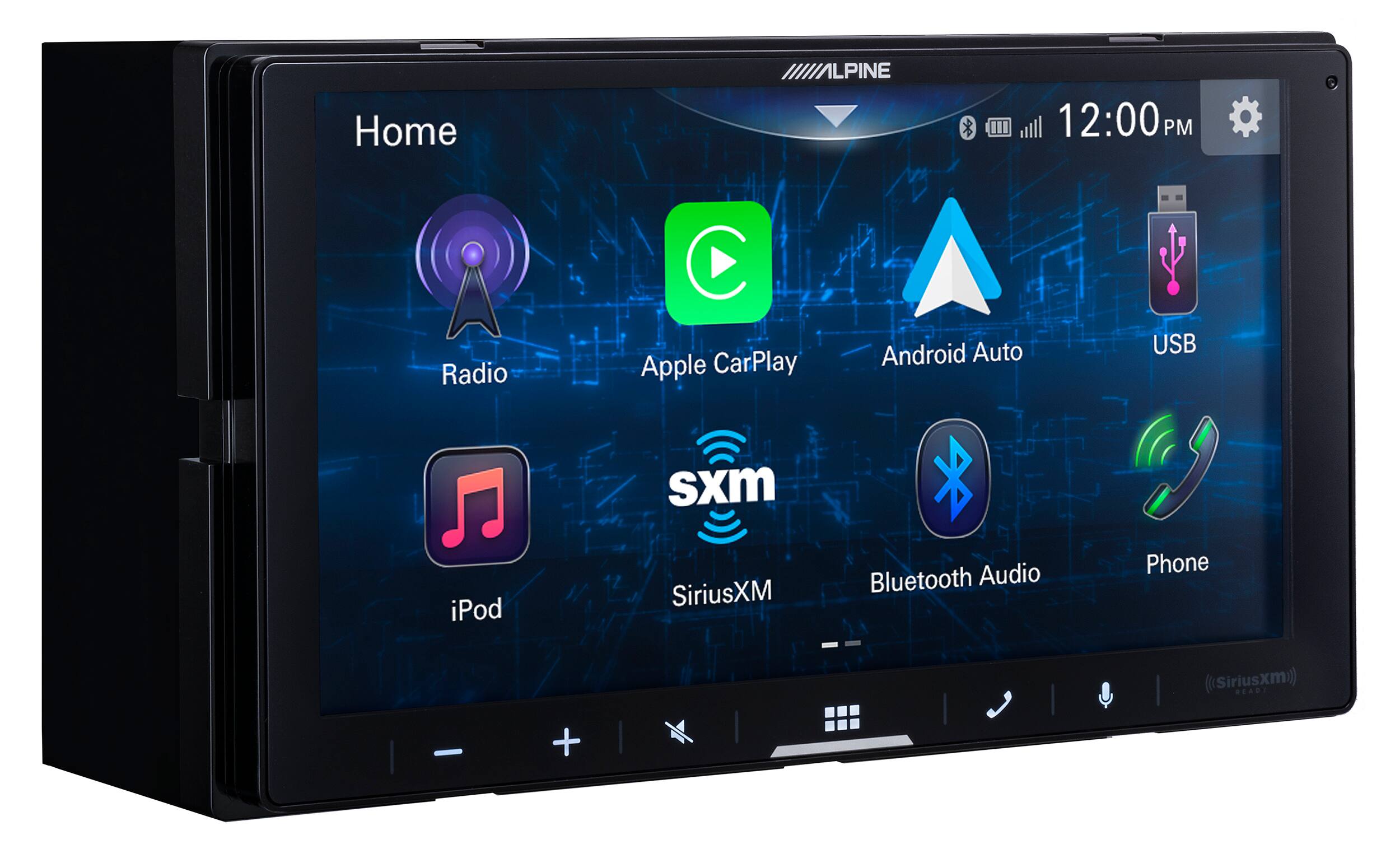 Home, Alpine, 12:00 PM, Radio, Apple CarPlay, Android Auto, USB, SiriusXM, iPod, Bluetooth Audio, Phone, (SiriusXM)