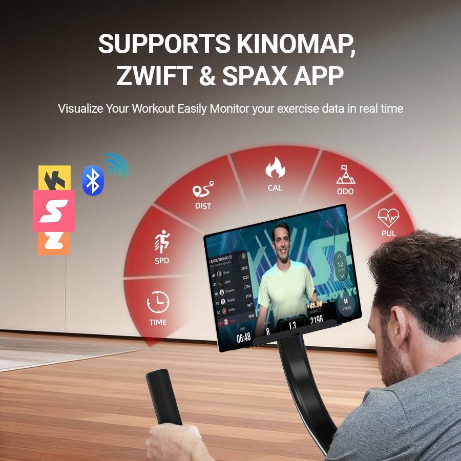 SUPPORTS KINOMAP, ZWIFT & SPAX APP  
Visualize Your Workout Easily Monitor your exercise data in real time  

S Z SPD TIME DIST LEAD EPBOHDO AmM veite 2 - - - E 2TM Soingora 201 Seaf . TH - - 20 06:48 CAL 13 8 ODO 1.2 Sm NOYYO I .H PAUSE SEORE : 2196 PUL