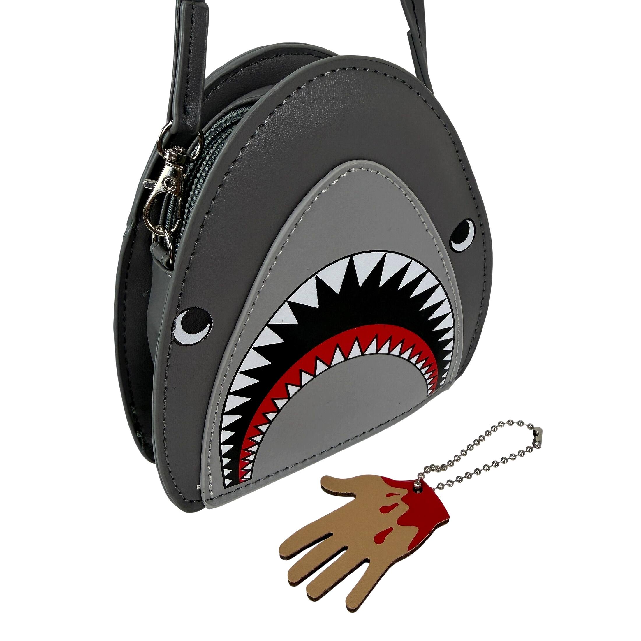 Alt View 7. Things2Die4 - Shark Wristlet Handbag Halloween Grey Vinyl Coin Purse with Hand Charm Zipper - Grey.