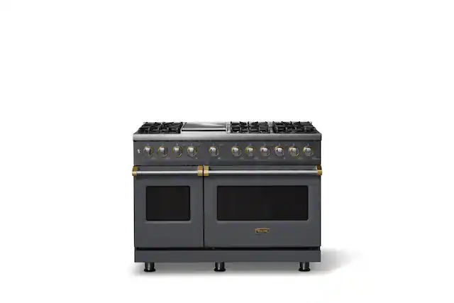 Front. Viking - Pro 5 Series 7.3 Cu. Ft. Freestanding Sealed 6B LP DF Convection Range/Griddle - Cast Black w. Brushed Brass Trim - Cast Black.