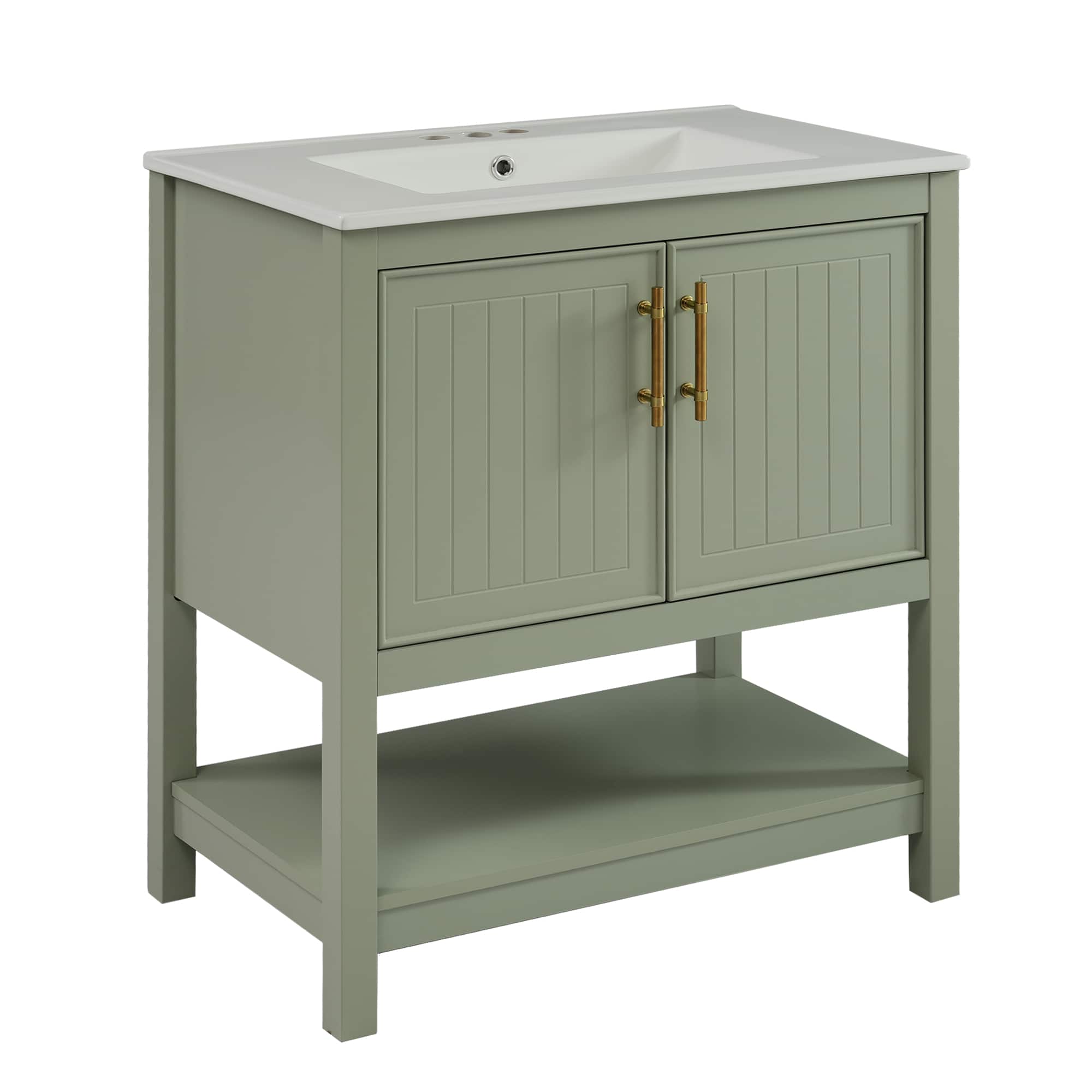 Ecooso - 30" Bathroom Vanity with Ceramic Sink, Freestanding Cabinet with Soft-Close Doors and Open Storage - Green