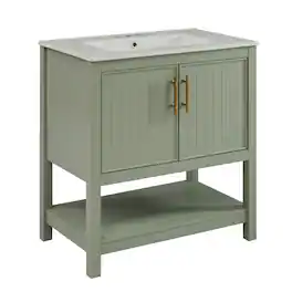 Ecooso - 30" Bathroom Vanity with Ceramic Sink, Freestanding Cabinet with Soft-Close Doors and Open Storage - Green