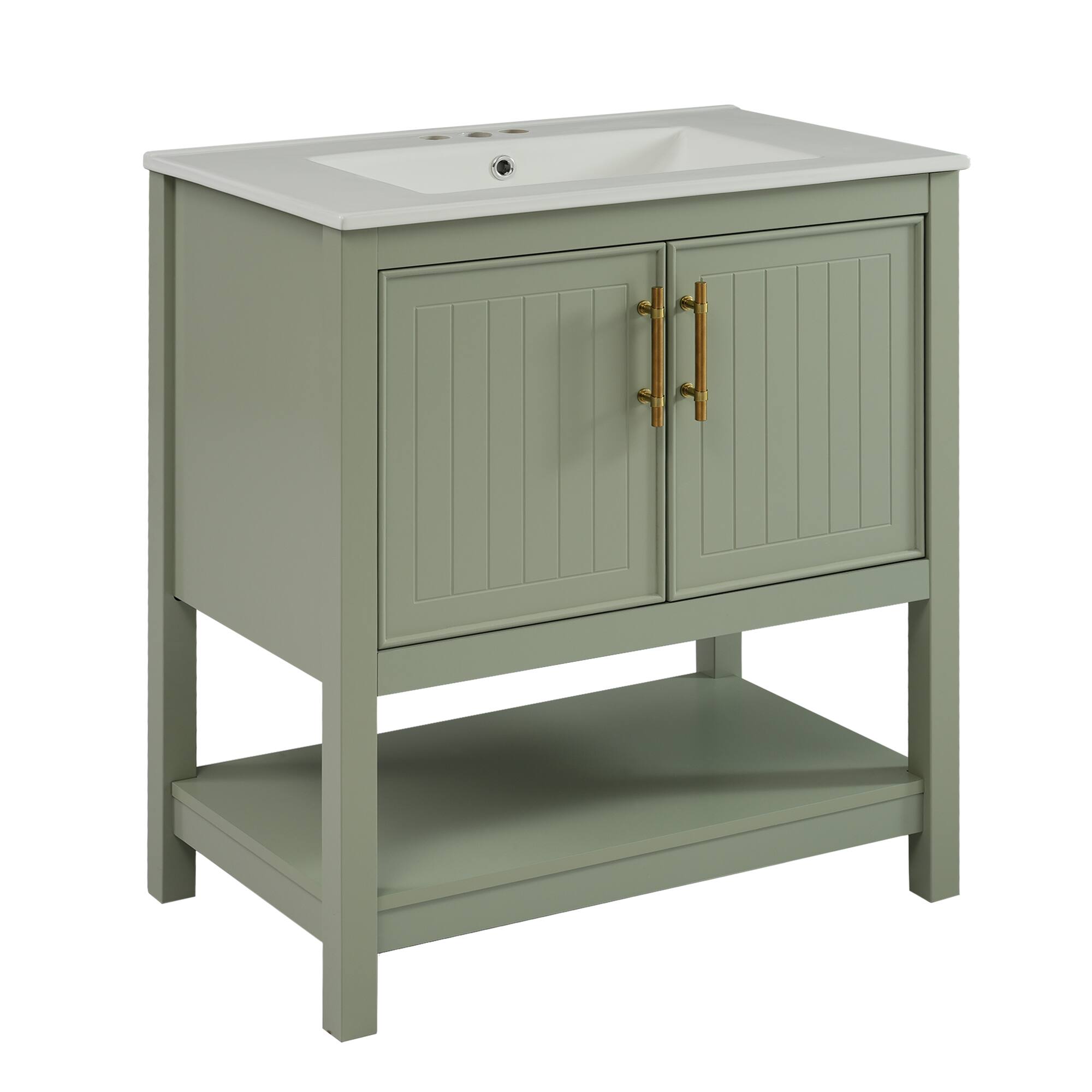 Front. Ecooso - 30" Bathroom Vanity with Ceramic Sink, Freestanding Cabinet with Soft-Close Doors and Open Storage - Green.